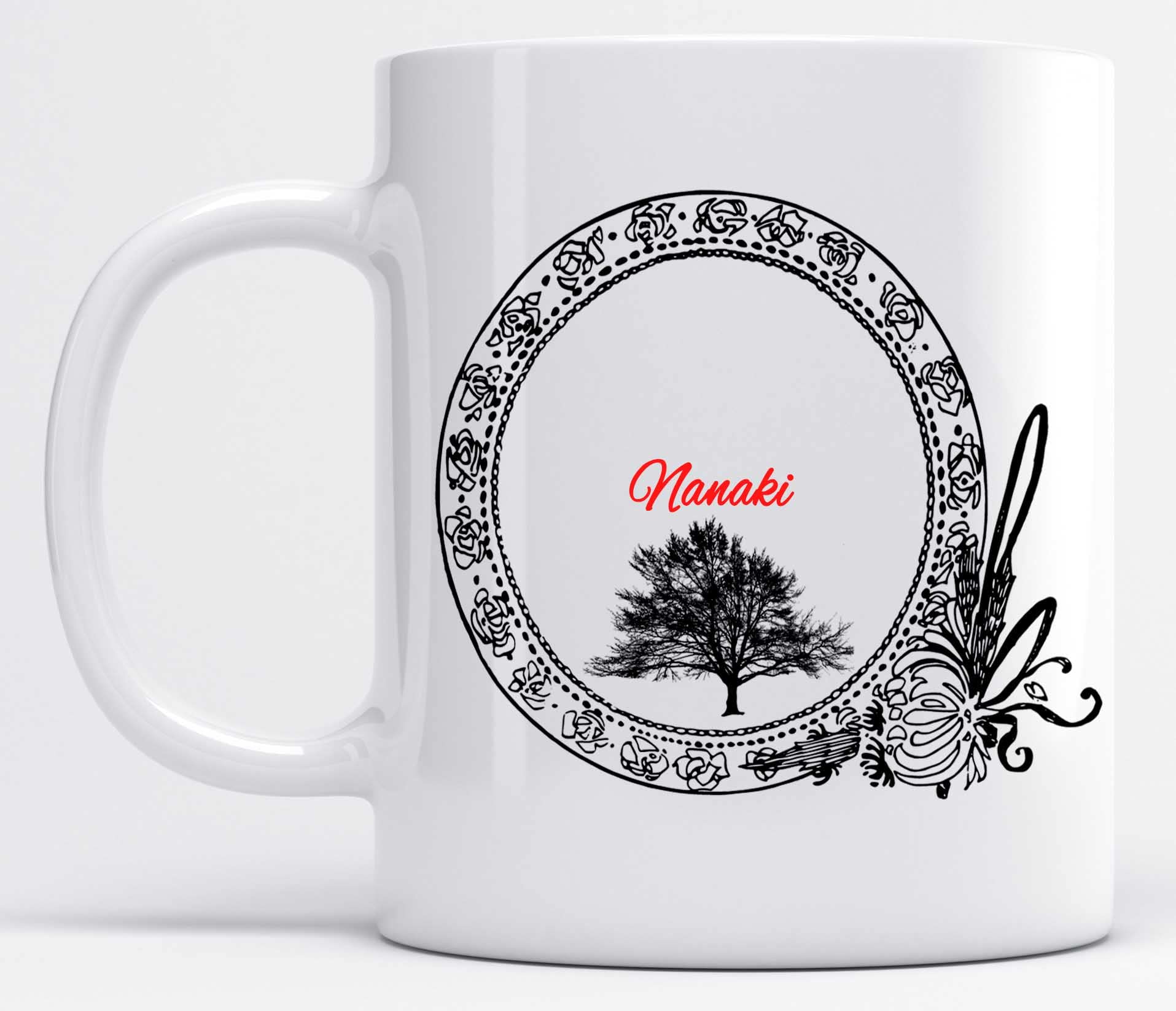 LOROFY Floral Black Name Nanaki Printed White Ceramic Coffee Mug (350ML)