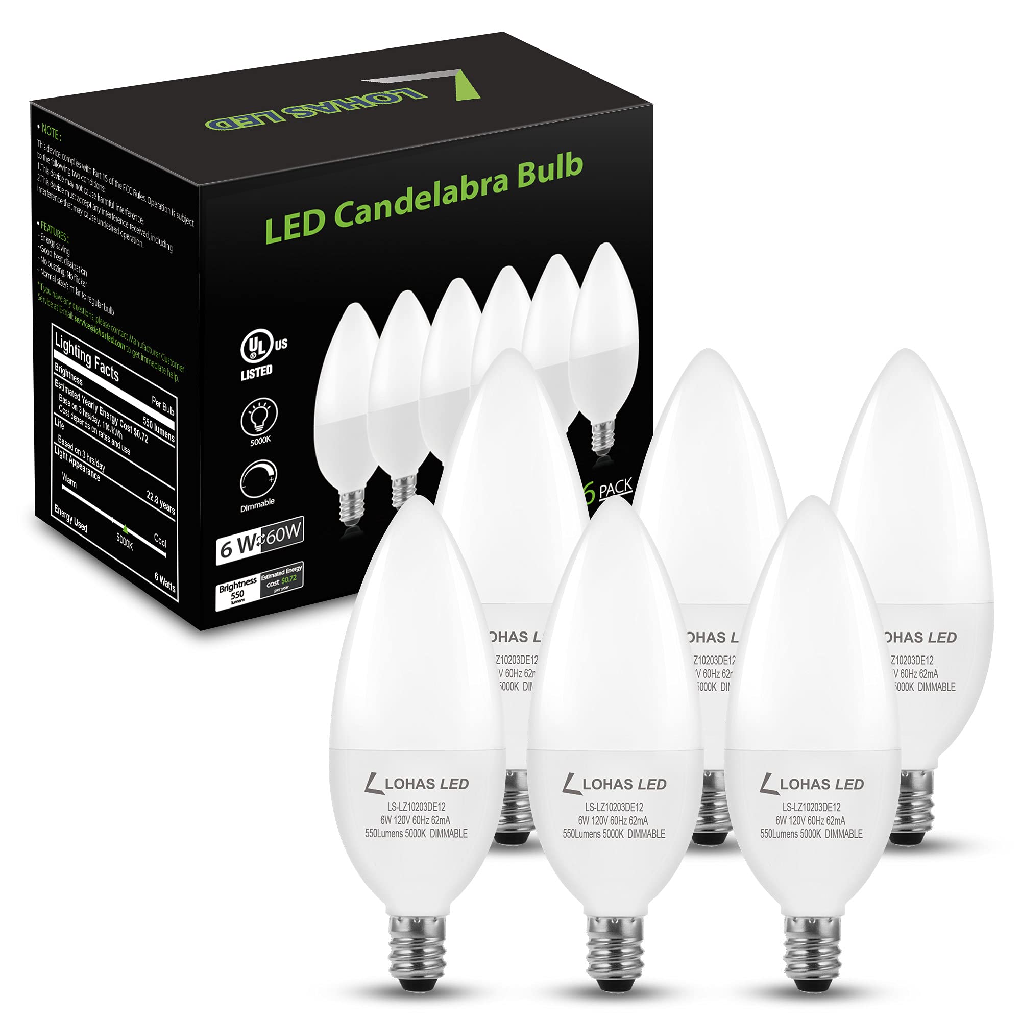 LOHAS E12 LED Bulb Dimmable, 6W Candelabra Light Bulb 60W Equivalent, Daylight White 5000K Candle Light Bulbs, Ceilling Fan Light Bulb for Home Office, UL Listed, 6 Pack (Daylight White)