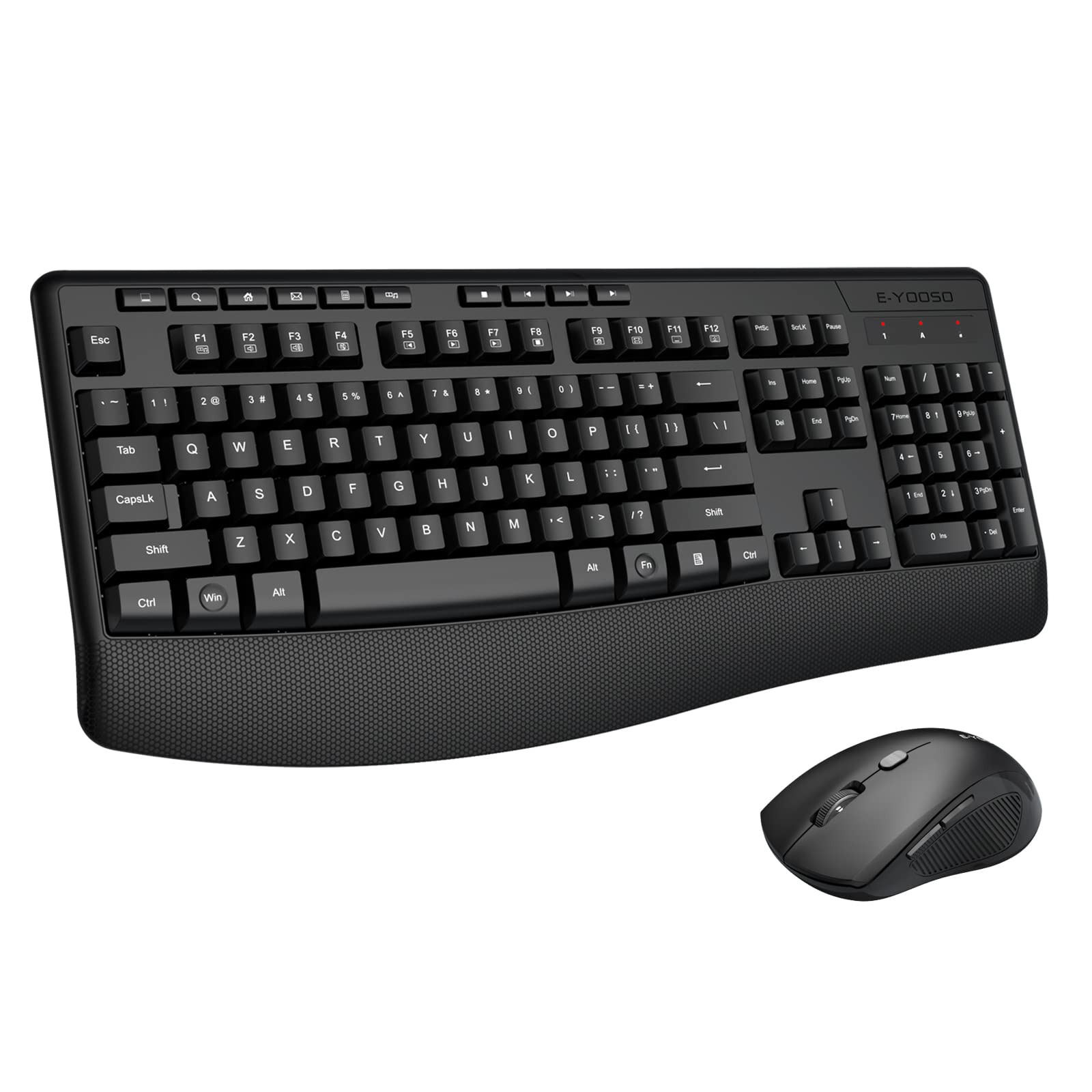 Wireless Keyboard and Mouse Combo, E-YOOSO 2.4GHz Full-Sized Ergonomic Wireless Keyboard with Wrist Rest, 3 DPI Adjustable and 6 Buttons Cordless USB Mouse for Computer, Laptop, PC, Windows (Black)