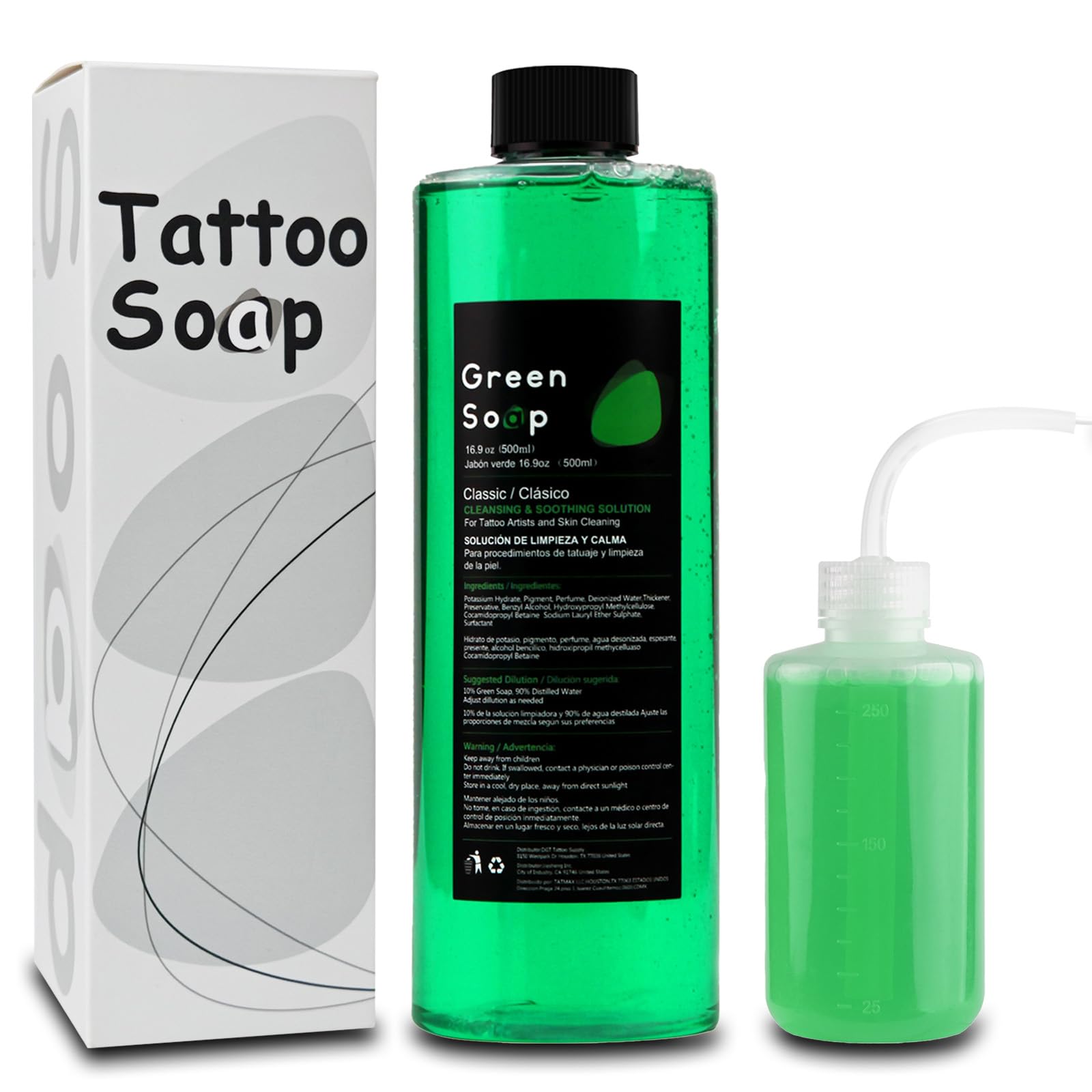 Green Soap for Tattooing 16.9oz(500ml) Ultra-Concentrated 1:10 Dilution Tattoo Soap, Prep Wash with 8oz Squeeze Bottle, Tattoo Supplies for Tattoos Piercings, Clean Equipment Skin