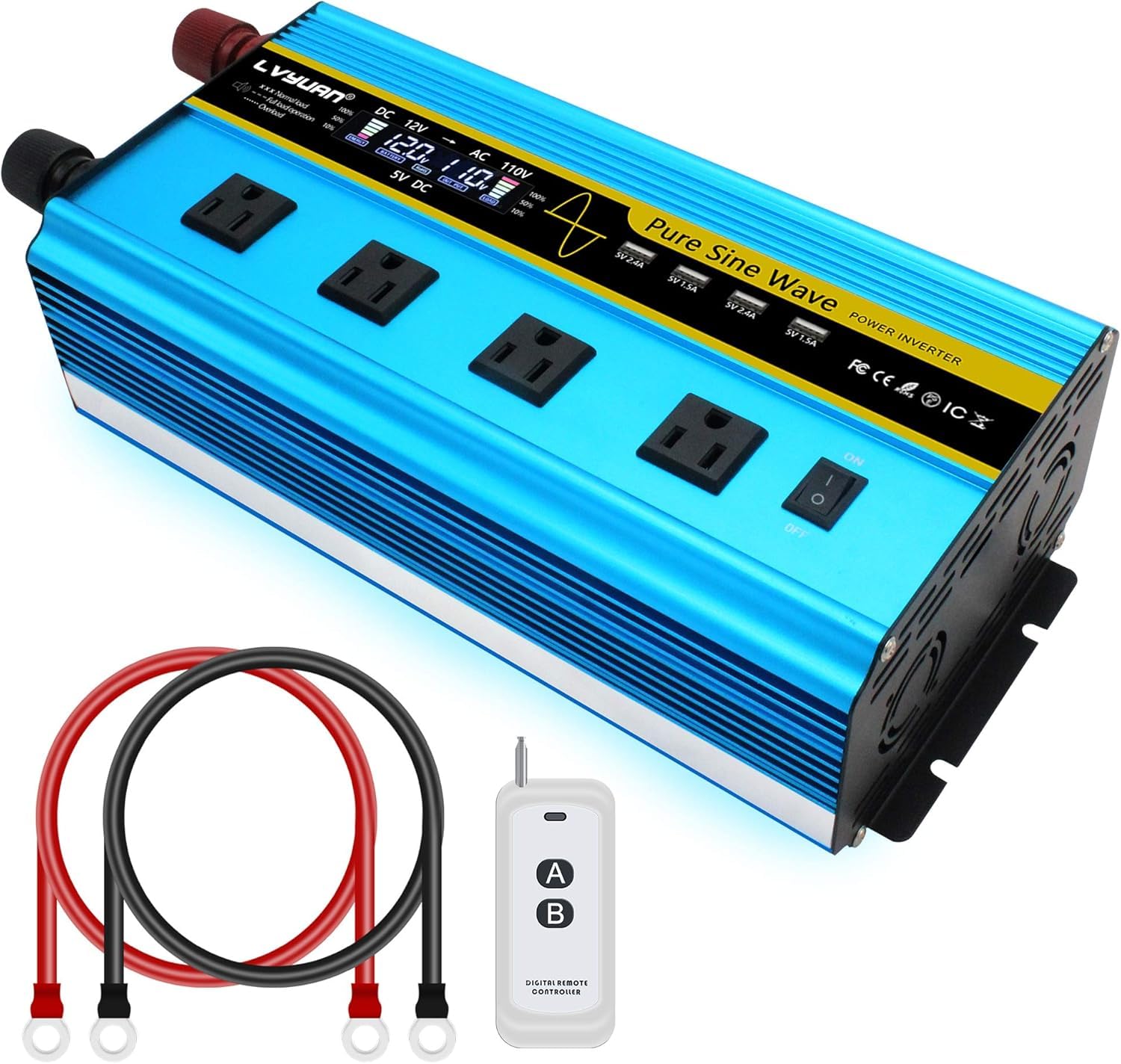 LVYUANPure Sine Wave Inverter 2500 Watt Inverter 12V to 110V DC to AC with Remote Controller, LCD Display 4 AC Sockets and 4 USB Charge Ports for Home Car Truck Solar System