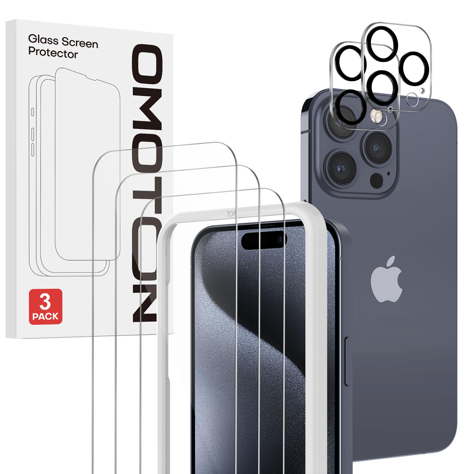 OMOTONScreen Protector for iPhone 15 Pro Max with Camera Lens Protector, Premium Tempered Glass Film for iPhone 15 Pro Max with Alignment Frame, Anti-Scratch, 9H Hardness, HD Clear, 3+2 Pack