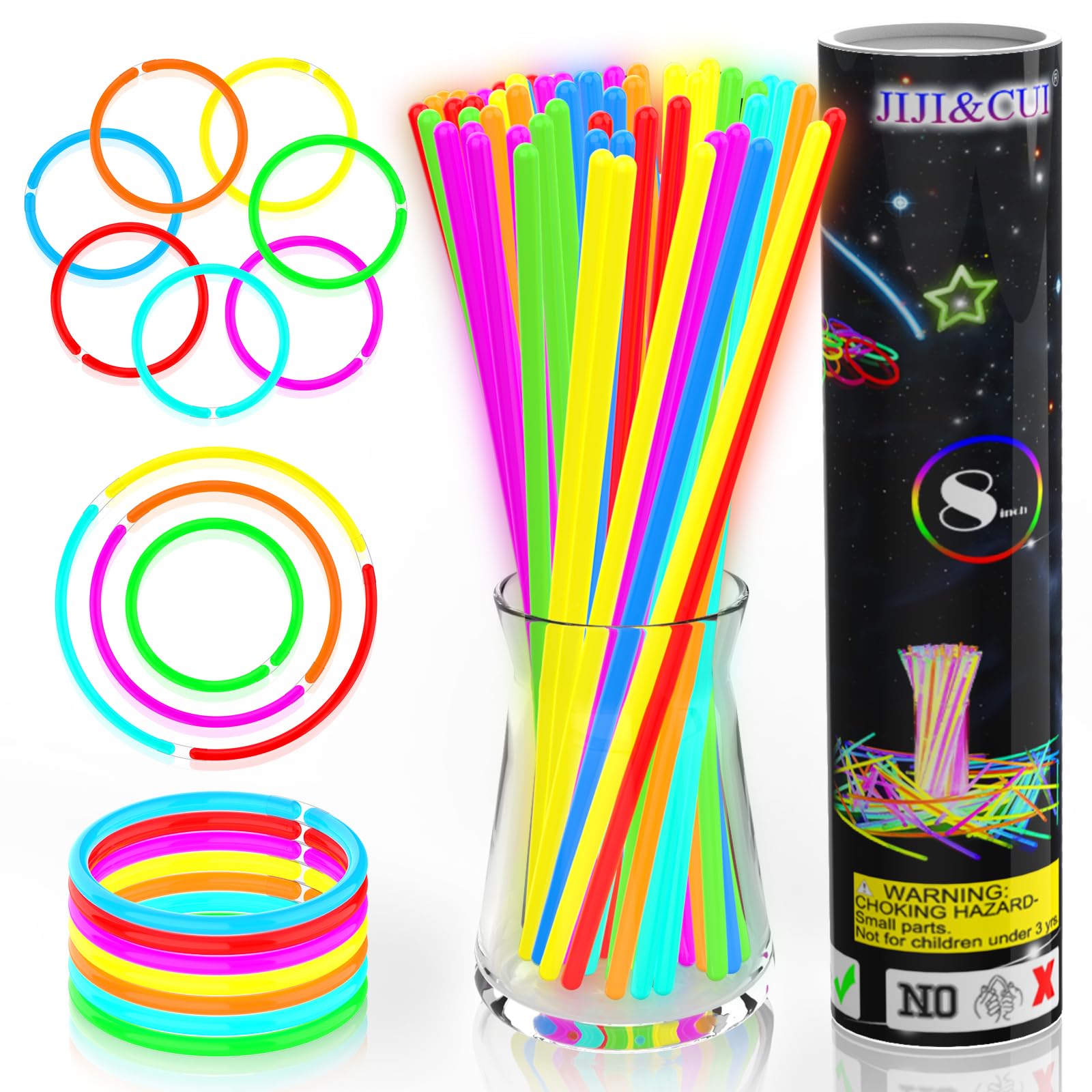 DELEE Glow Sticks Bulk Party Favors 100pk - 8" Glow in the Dark Party Supplies Light Sticks, Halloween Decorations, Glow Necklaces and Bracelets for Kids