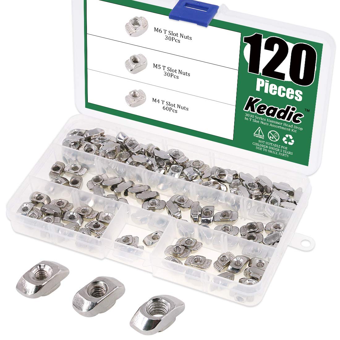 Keadic 120Pcs 3030 Series T Nuts, M4 M5 M6 Hammer Head Fastener Drop in T Slot Nut Assortment Kit with Organizing Box for Aluminum Profile - Carbon Steel Nickel Plated