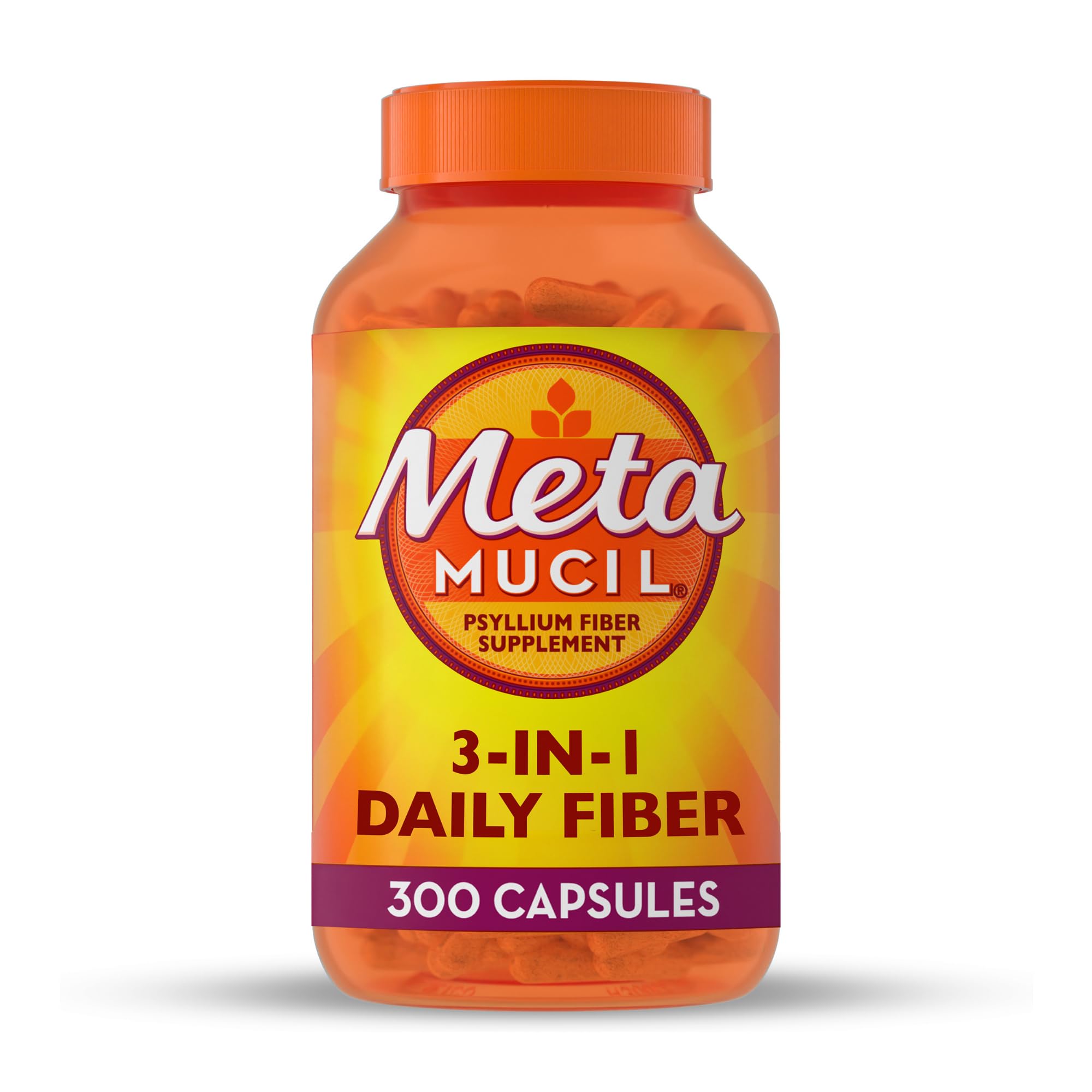 Metamucil 3-in-1 Fiber Capsules, Daily Psyllium Husk Fiber Supplement, Fiber Capsules for Digestive Health, Plant-Based Psyllium Husk Fiber Capsules, #1 Doctor Recommended Fiber Brand, 300ct Capsules