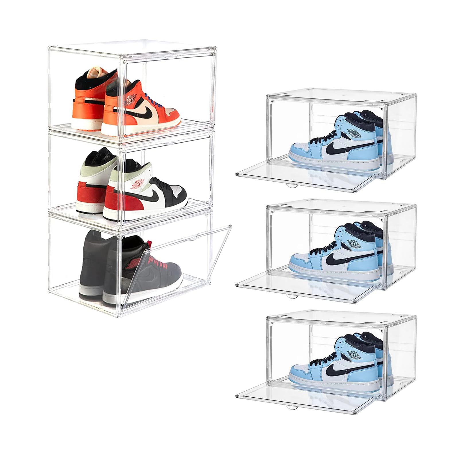 MECCMECC 6 Pack Shoe Boxes, 360° Clear Transparent Stackable Shoe Box with Lids，14.5x11x7.8in Acrylic Sneaker Storage Organizer,Large Display Case Container with Magnetic Door (Transparent/Side open)