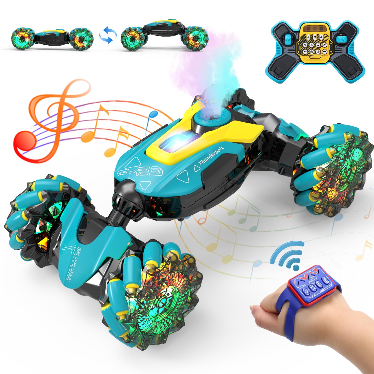 DEERC Remote Control Car, Gesture Sensor Drif Stunt Car with Spray &Music,Programmable RC Car with LED Light for Kids 6-12, 4WD 2.4GHz Off-Road 360° Rotation Toy Car Gift for Boys