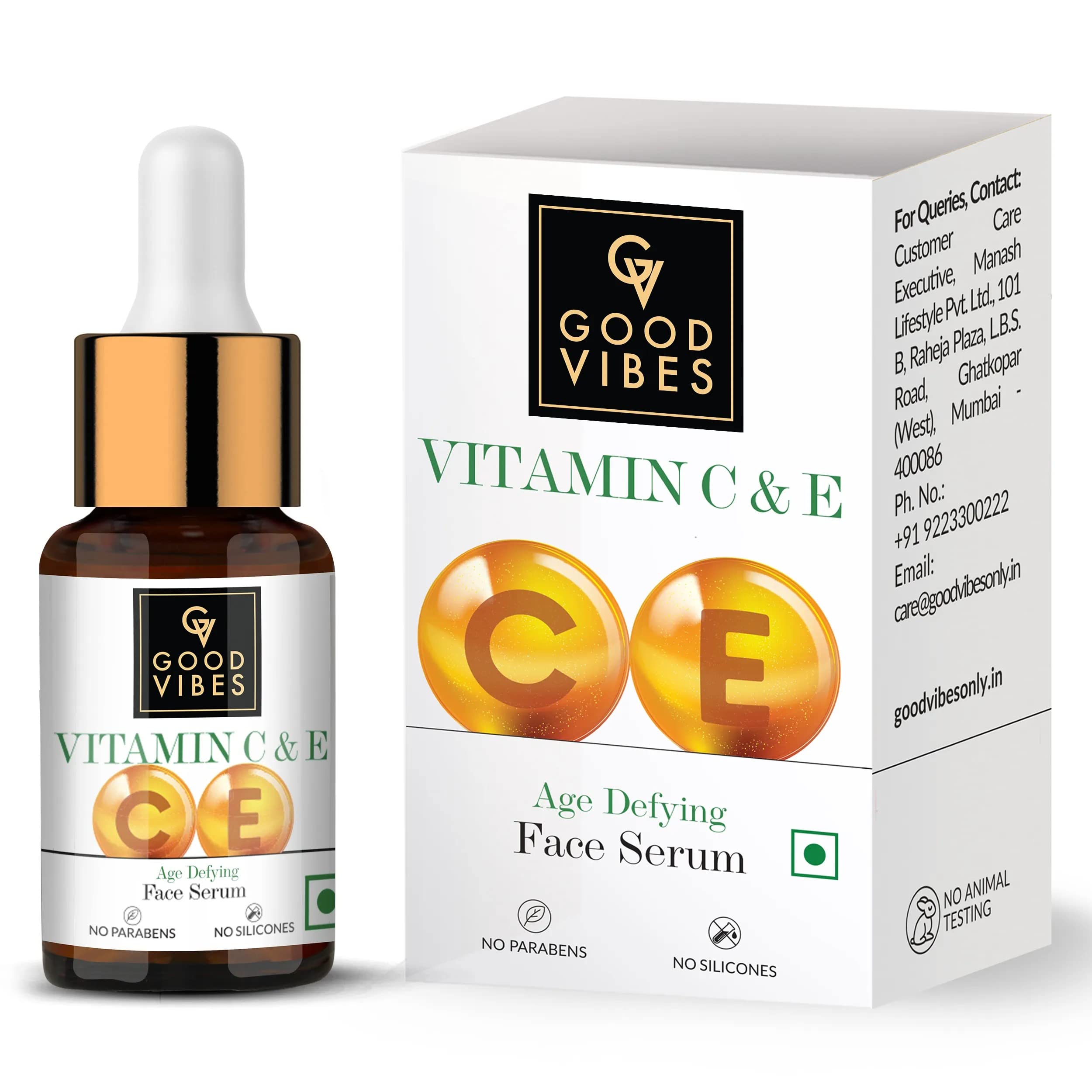 Good Vibes Vitamin C & Vitamin E Age Defying Serum, 10 ml Light Weight Non Greasy Helps Reduces Wrinkles Skin Repair, Naturally Glowing Face Serum, No Parabens & Sulphates, No Animal Testing