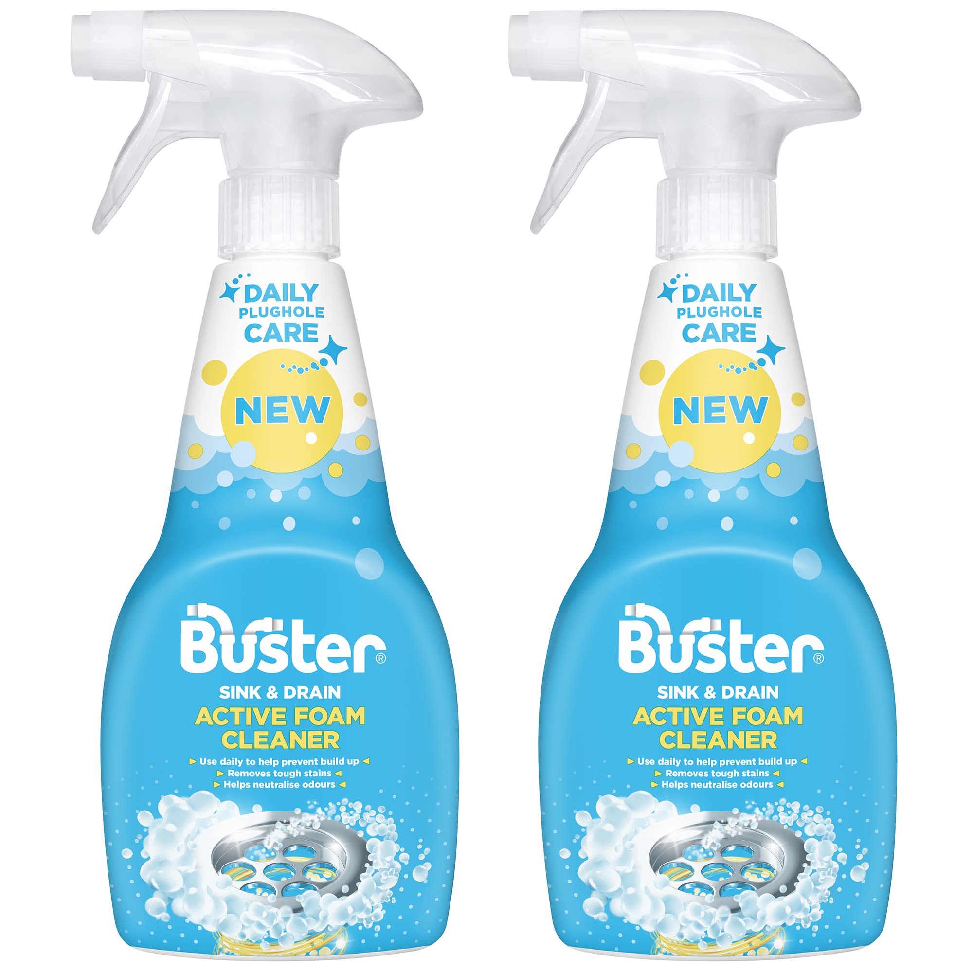 Buster Active Foam Sink & Drain Cleaner 500ml x 2 - Sink Cleaner to Remove Limescale & Stains - Daily Plughole Foam Cleaner & Odour Eliminator – Foam Cleaner for Sinks, Showers, Drains and Plugs