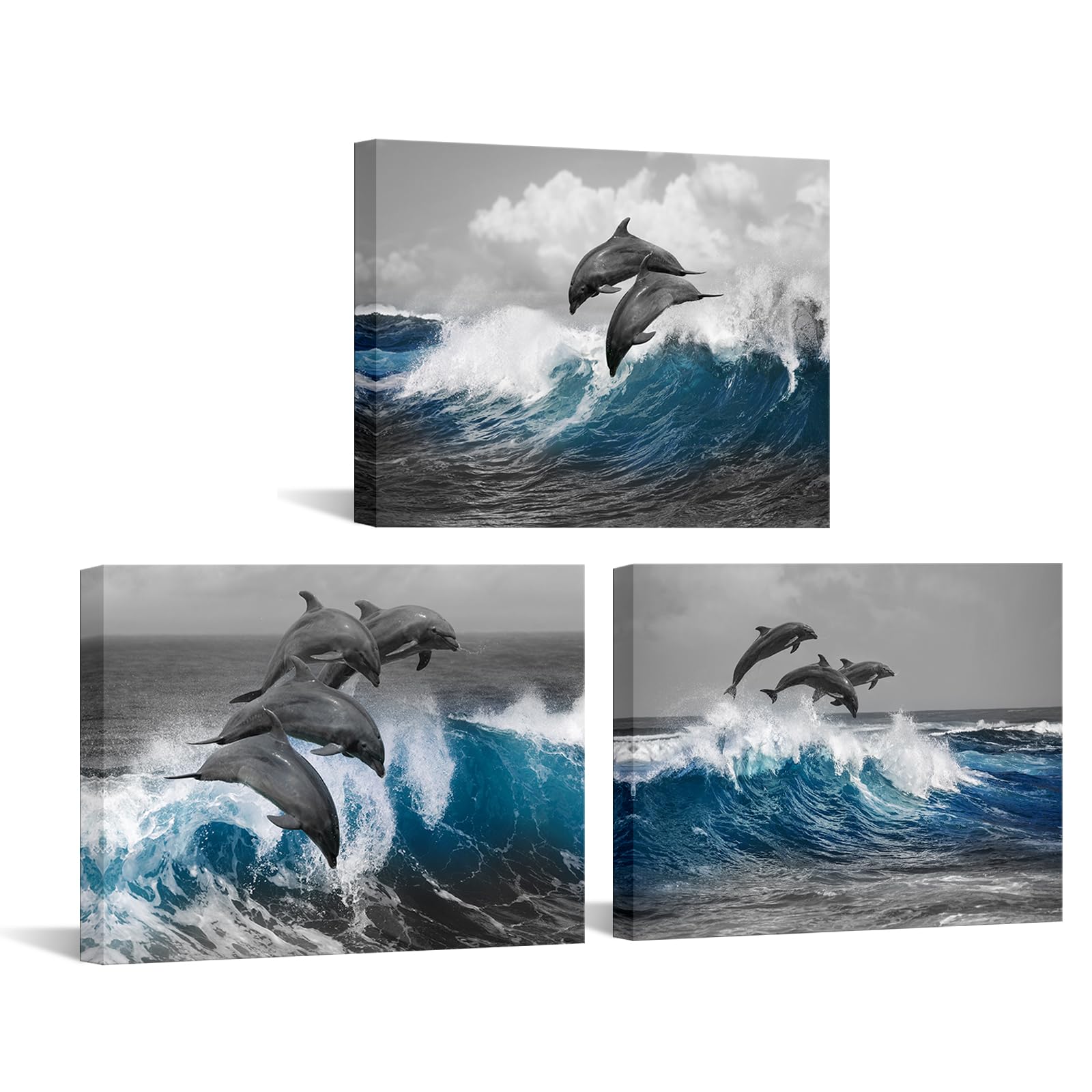 Biuteawal 3 Piece Dolphin Wall Art Grey Blue Ocean Sea Animal Picture Bathroom Decor Marine Painting Prints on Canvas Framed Home Child Bedroom Bathroom Wall Decoration Ready to Hang