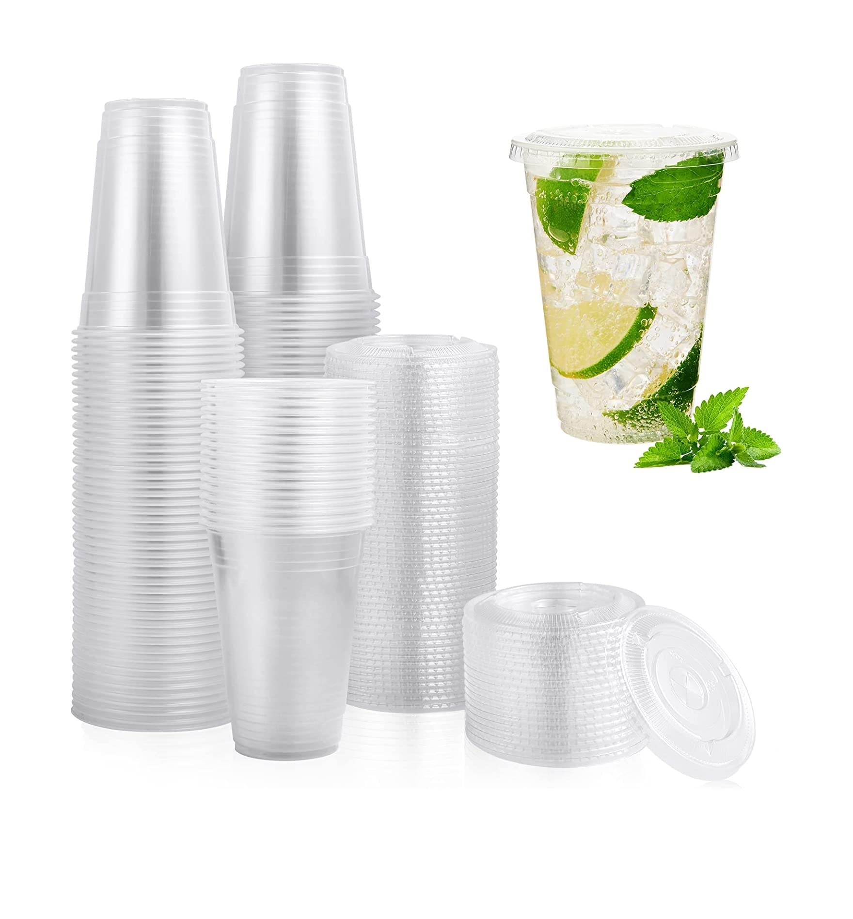 Vsell24™ 100PC Disposable Drinking Plastic Cup 16oz For Smoothie Coffee Water Juice Cups With Flat Lid Clear