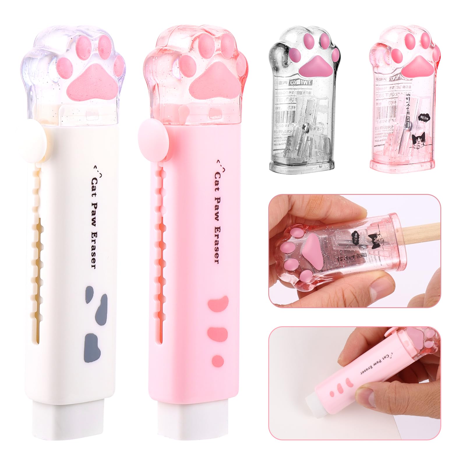 Amaxiu 4PCS Cute Cat Paw Kawaii School Supplies, 2PCS Cute Cat Paw Erasers and 2PCS Cat Paw Pencil Sharpener Retractable Cartoon Eraser Kawaii Manual Pencil Sharpeners for Office Home School