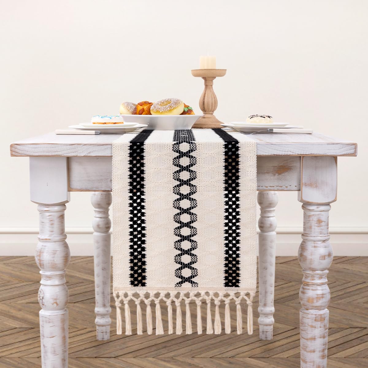 MLMC Rustic Table Runner with Tassels 13 x 90 inches Cotton Farmhouse Stripe Table Decoration for Fall Home Wedding Docor Black