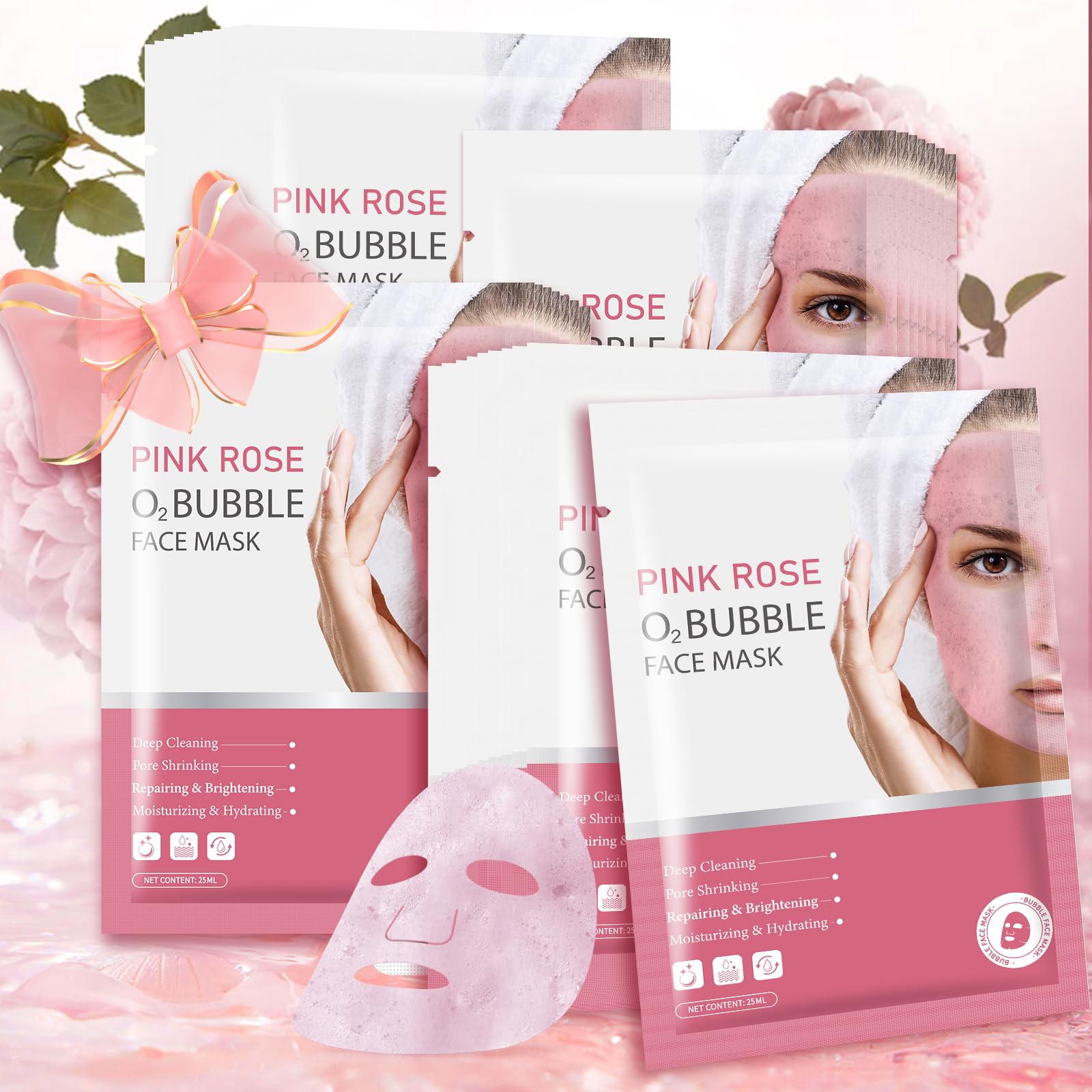 IREV10 Pack Pink Rose O2 Bubble Face Masks Sheet, Bubble Facial Mask, Foaming Face Mask, Purifying Facial Mask for Acne and Pores, Moisturizing Spa Face Masks Skincare Gifts