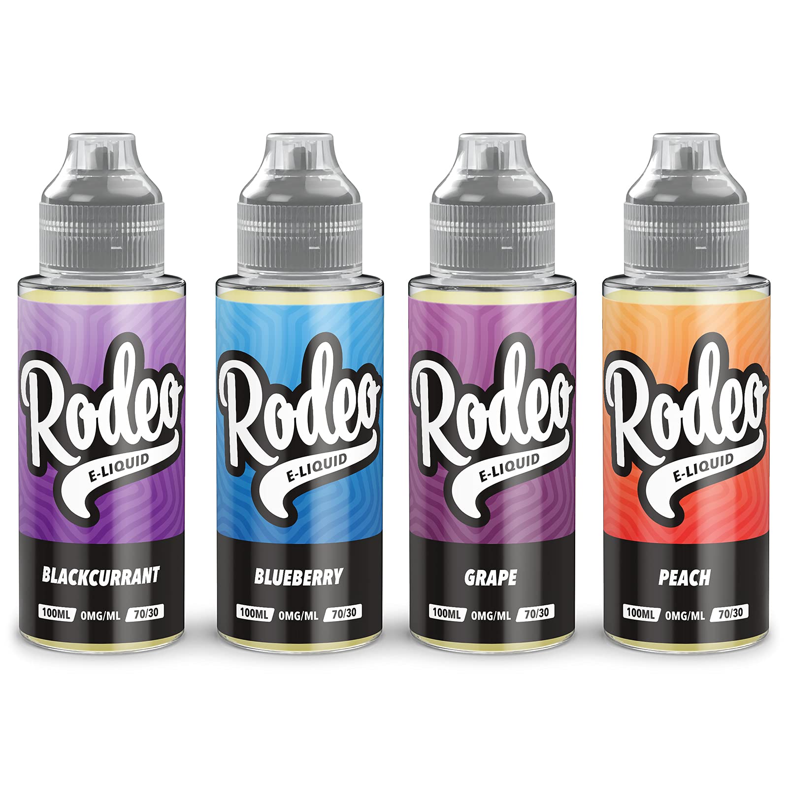 Rodeo Vape Liquid 4 x 100ml Blackcurrant + Blueberry + Grape + Peach Vape Juice E Liquid 70/30 Ecig Juice Cigarette Liquid Sub Ohm Juice Flavoured E Juice E Cigarette E-Liquid Nicotine Free Vape