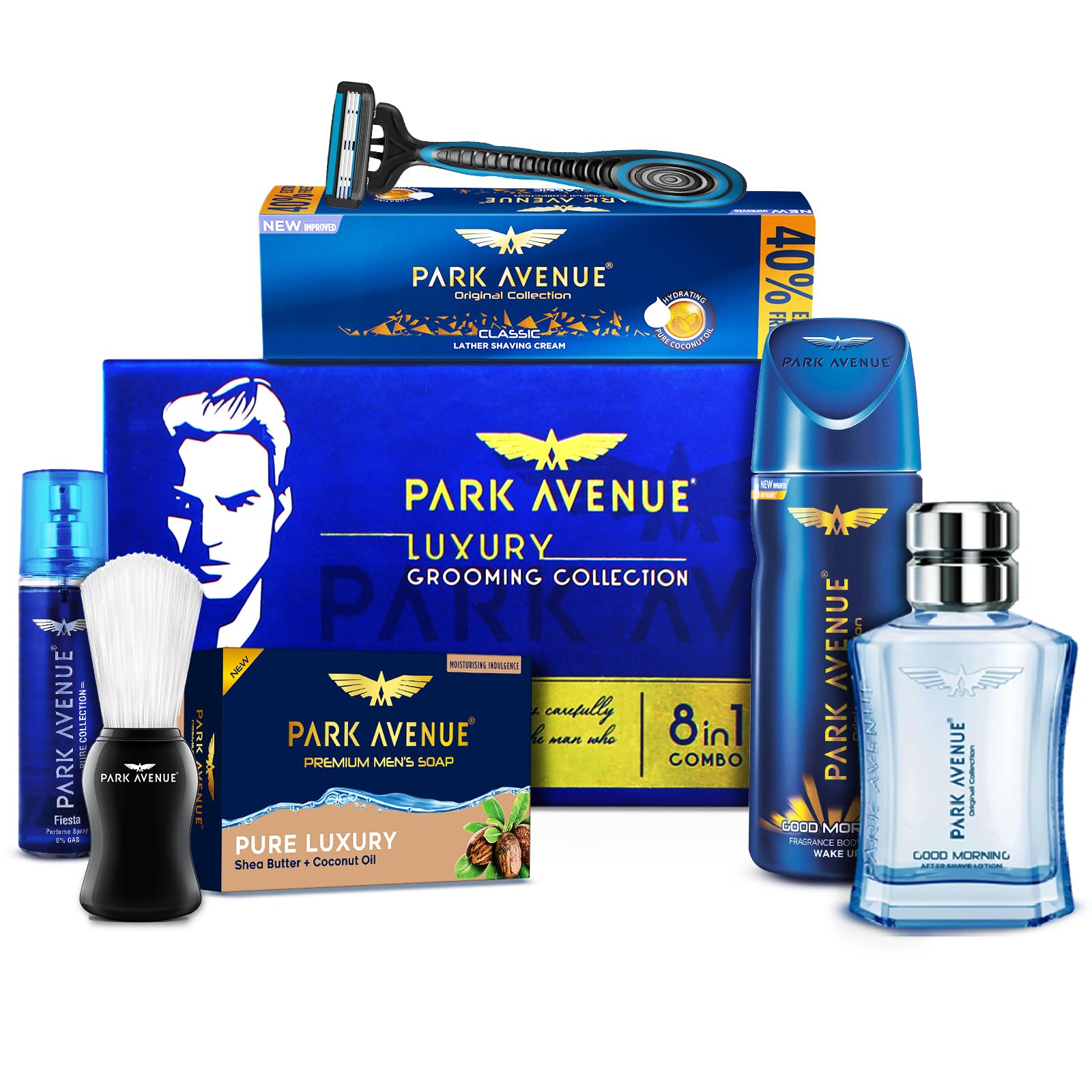 Park Avenue Luxury Grooming Collection 8 in-1 Combo Grooming Kit for Men | Gift Set for Men | Diwali Gift Hampers | Shaving Kit for Men | Shaving Foam | After Shave | Gift Hamper for Men, Husband, Boyfriend | Free Travel Pouch Inside