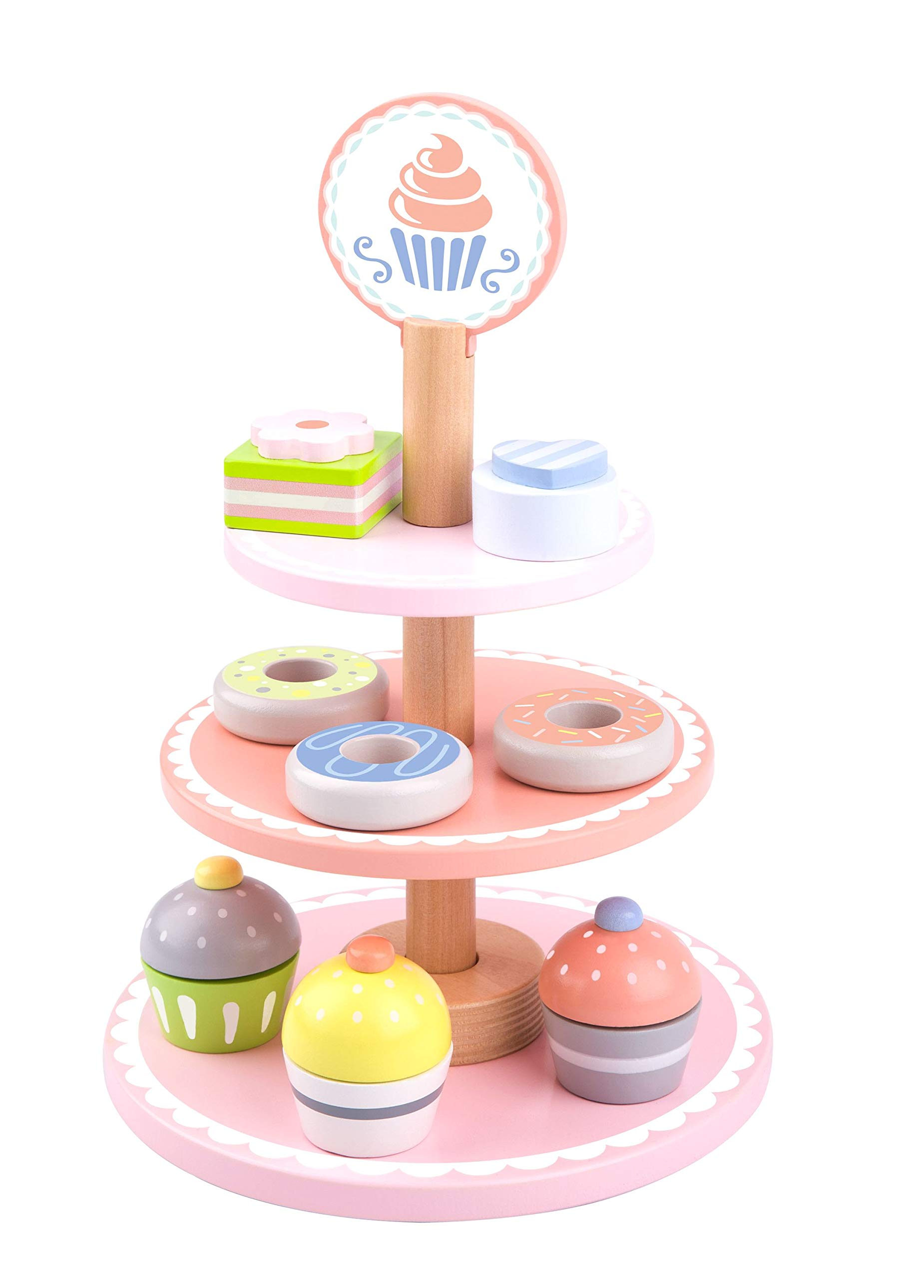 Tooky Toy 6972633370499 Etagere Toys Stand with Wooden Cupcakes, Cakes and Chocolate-Dessert Tower for Children from 3 Years-Approx. 19 x 37 cm (Diameter x Height)