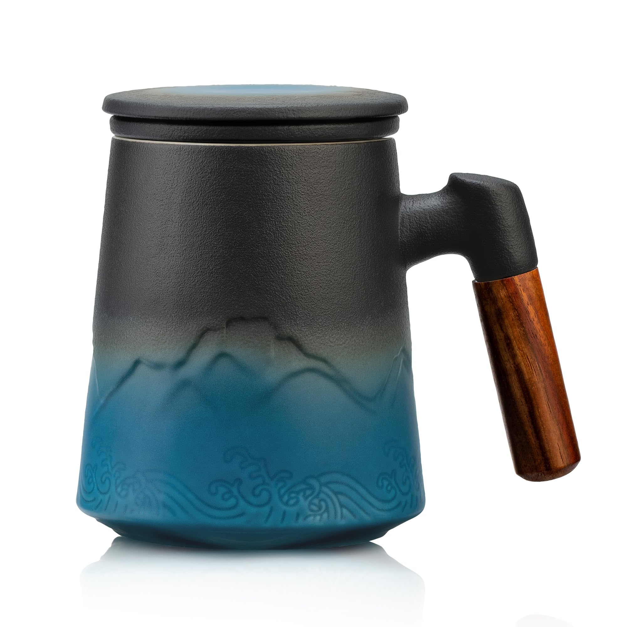 suyika 2 Cup Set Tomotime Ceramic Tea Cup with Infuser and Lid Tea Mugs Wooden Handle Black cyan