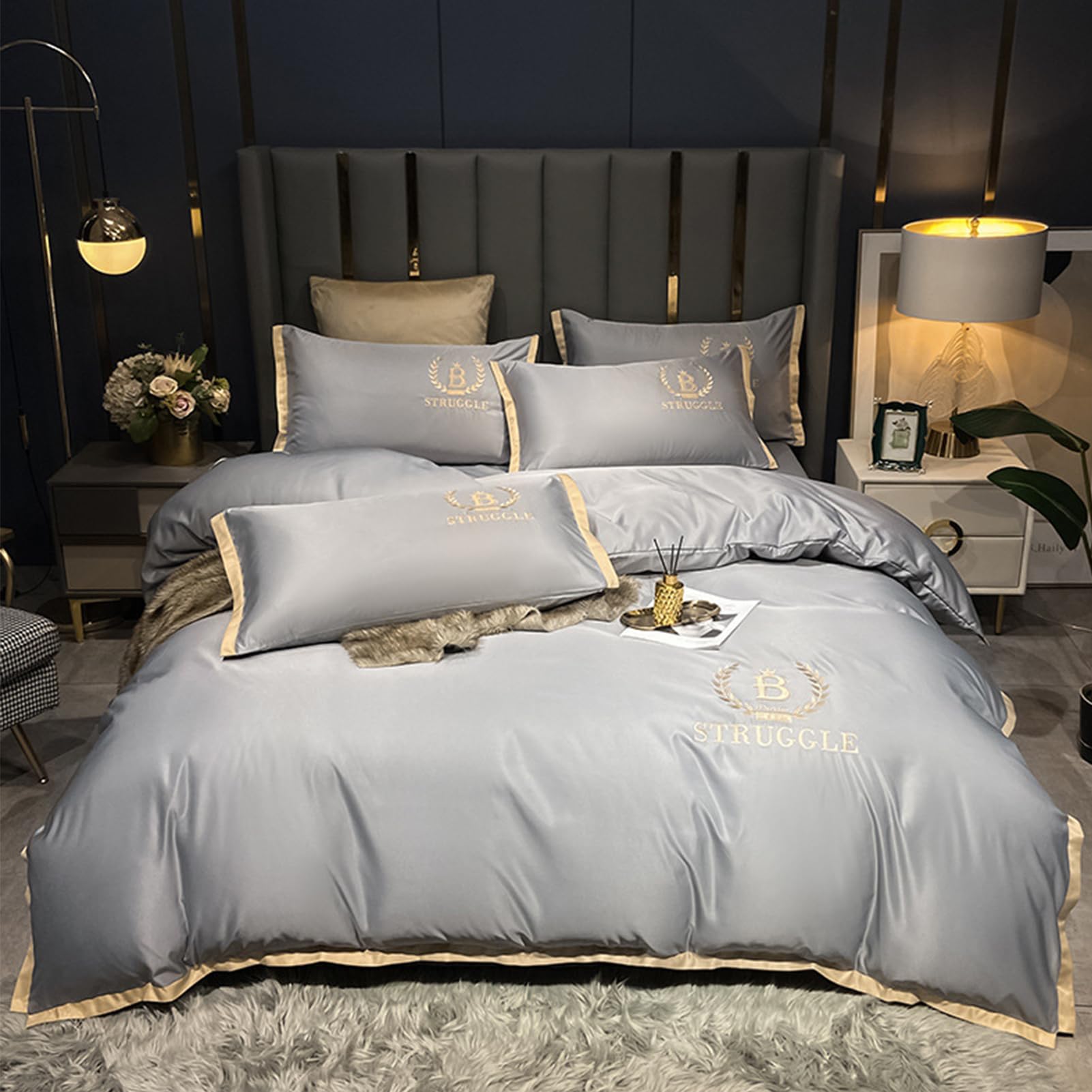 VAODO 4 Pieces Queen Size Silk Duvet Cover Set, Cool and Skin-Friendly, Exquisite Embroider, Include 1* Duvet Cover 220x240cm, 1* Flat Sheet 245x265cm, 2* Pillowcases 50x75cm, Dream Gray