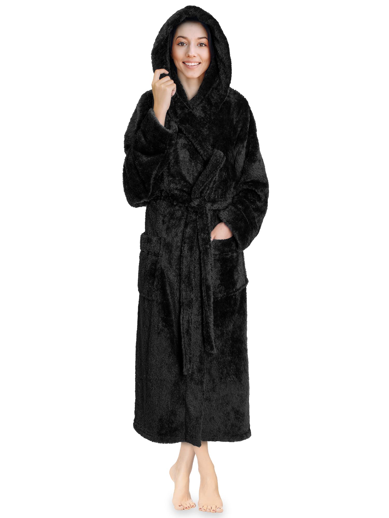 PAVILIA Women Hooded Plush Soft Robe | Fluffy Warm Fleece Sherpa Shaggy Bathrobe