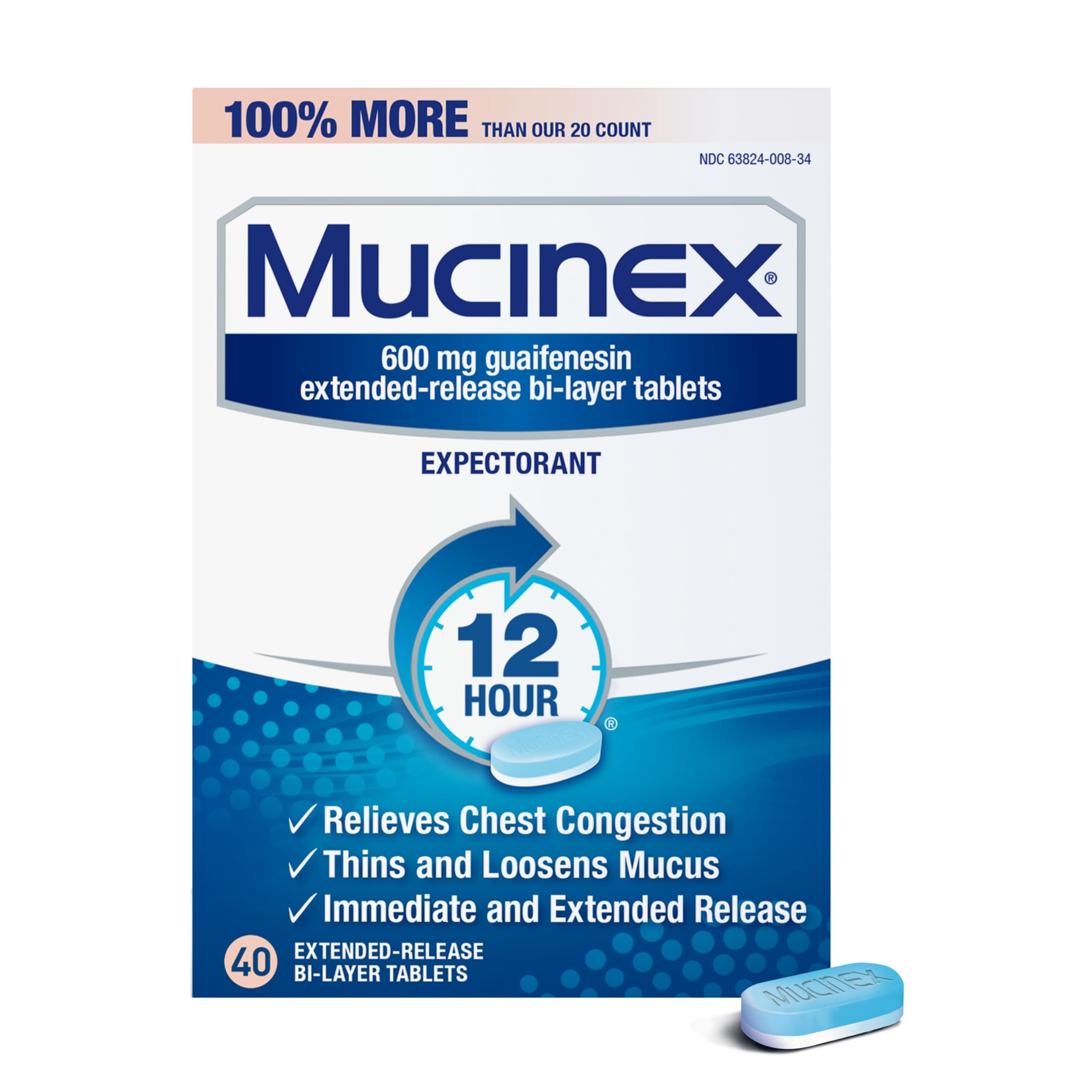 Mucinex 12 Hour 600 mg Guaifenesin Extended-Release Tablets for Excess Mucus Relief, Expectorant Aids Excess Mucus Removal, Chest Congestion Relief, 40 Bi-Layer Tablets