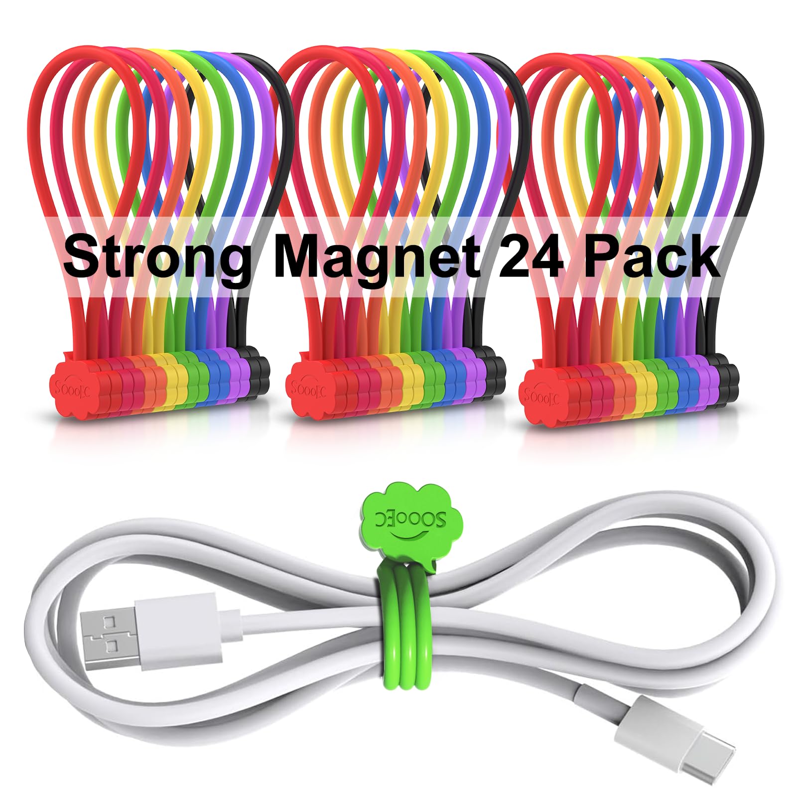 SOOOEC Magnetic Cable Ties, 24 Pack 7.2" Magnetic Cord Ties Cute Cloud Design, Reusable Silicone Twist Ties with Strong Magnet for Cord Organizer Keeper Wrap Clips, Fridge Magnets, Assorted Colors.