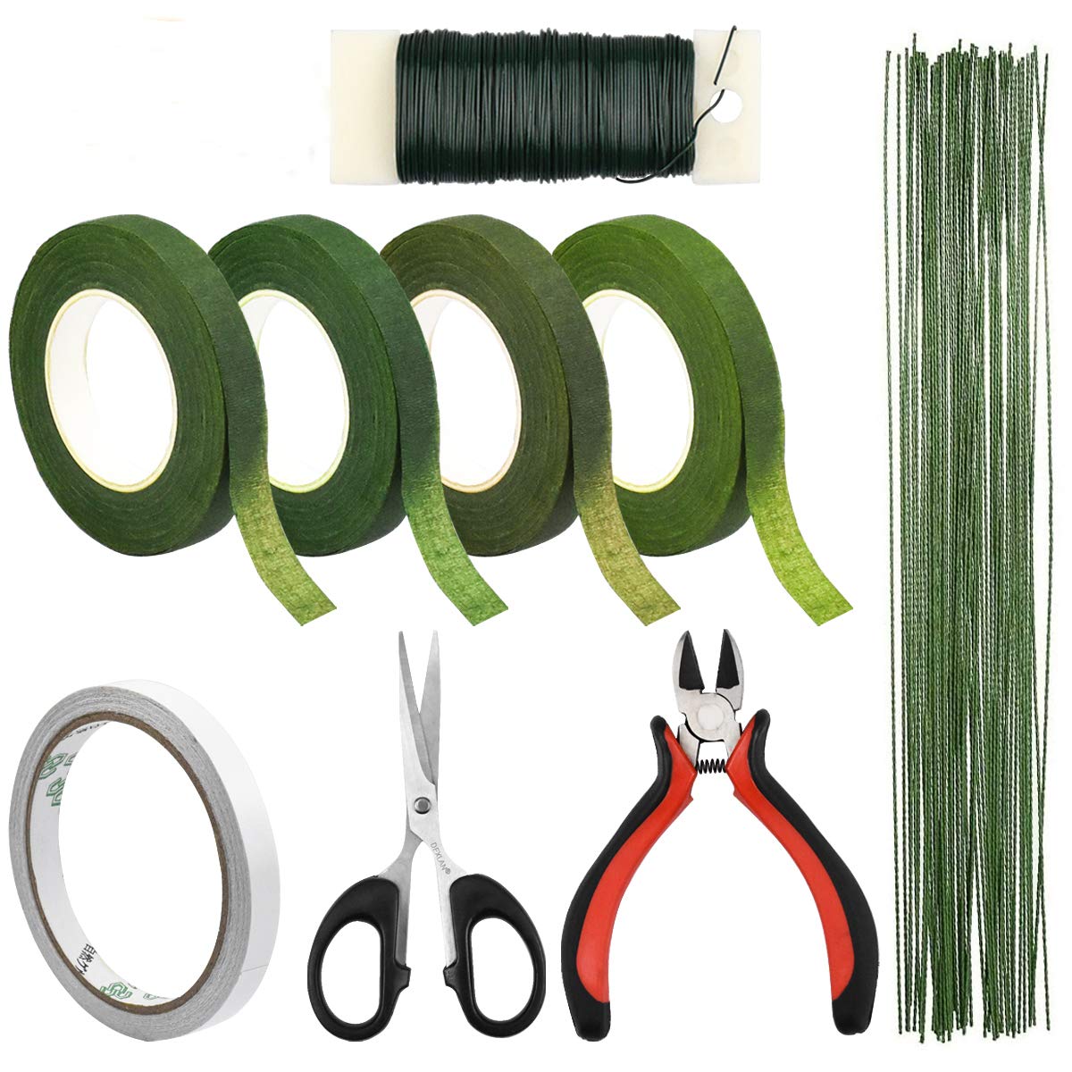 Chstarina Floral Stem Arrangement Tools Kit, 9Pcs Floristry Supplies with Florist Tape, 26 Gauge Stem Wire, 22 Gauge Green Floral Wire and Floral Wire Cutter for Bouquet Stem Wrap Florist Wedding