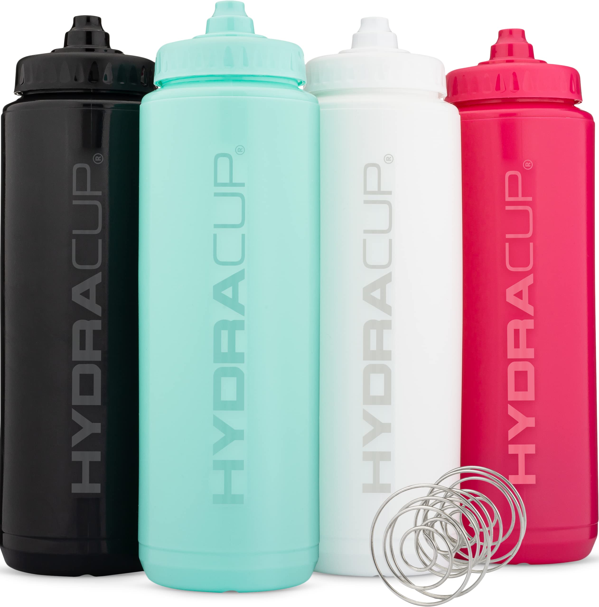 Hydra Cup Sport [4 Pack] 32 oz Squeeze Water Bottles, Fast Flow Sports Water Bottle with Ball Blender Whisk, Bike & Cycling Water Bottle, Travel To Go, BPA Free (Bright Colors)