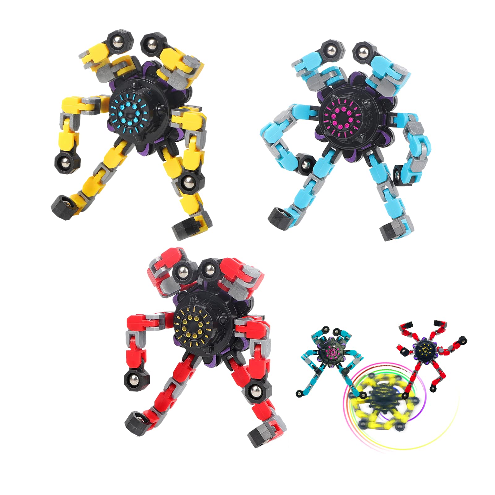 Fidget Spinner Cool Design Fidget Toy 3 Pack Creative transformable fingertip gyro Spinner mech Chain Bearing Funy Decompression Anti-Anxiety Finger Spinner Fidget Toy for Boys (Red Yellow Blue)