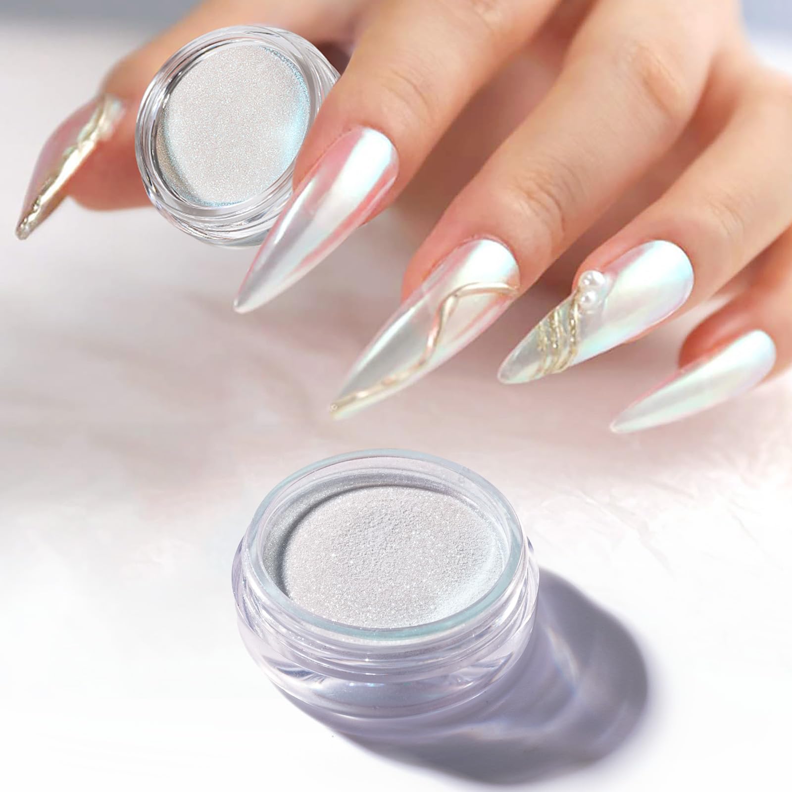 PrettyDiva Moonlight Chrome Nail Powder - Champagne White Chrome Nail Powder Aurora Iridescent Effect Chrome Powders, Magic White Pearl Mirror Finish Metallic Chrome Powder for Nails Manicure Pigment