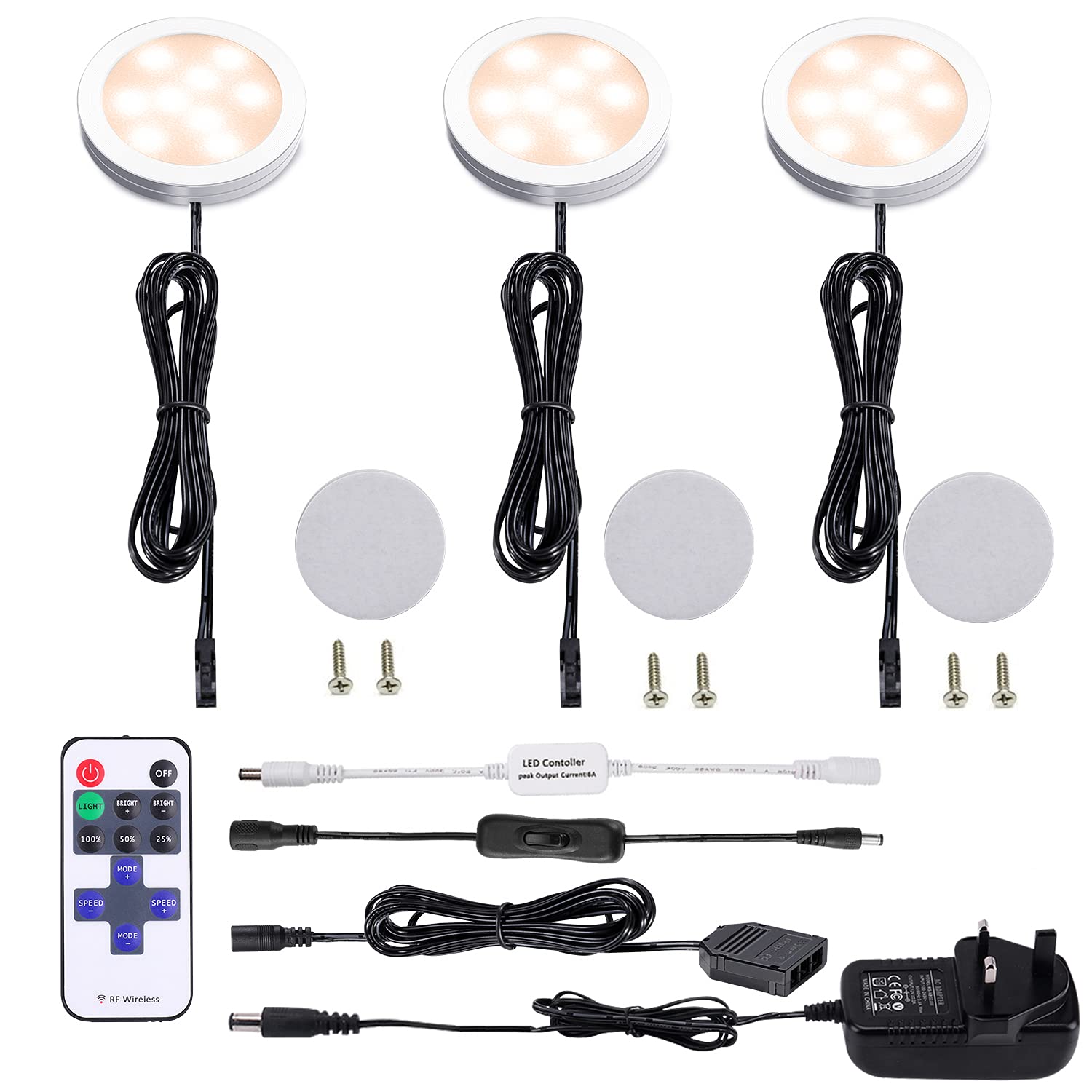 AIBOO LED Kitchen Under Cabinet Lighting Kit Dimmable with Wireless RF Remote,3 Pack Round Display 240V LED Puck Lights,6W Under Cupboard Counter Shelf Lights(Warm White 2700K) [Energy Class A+]