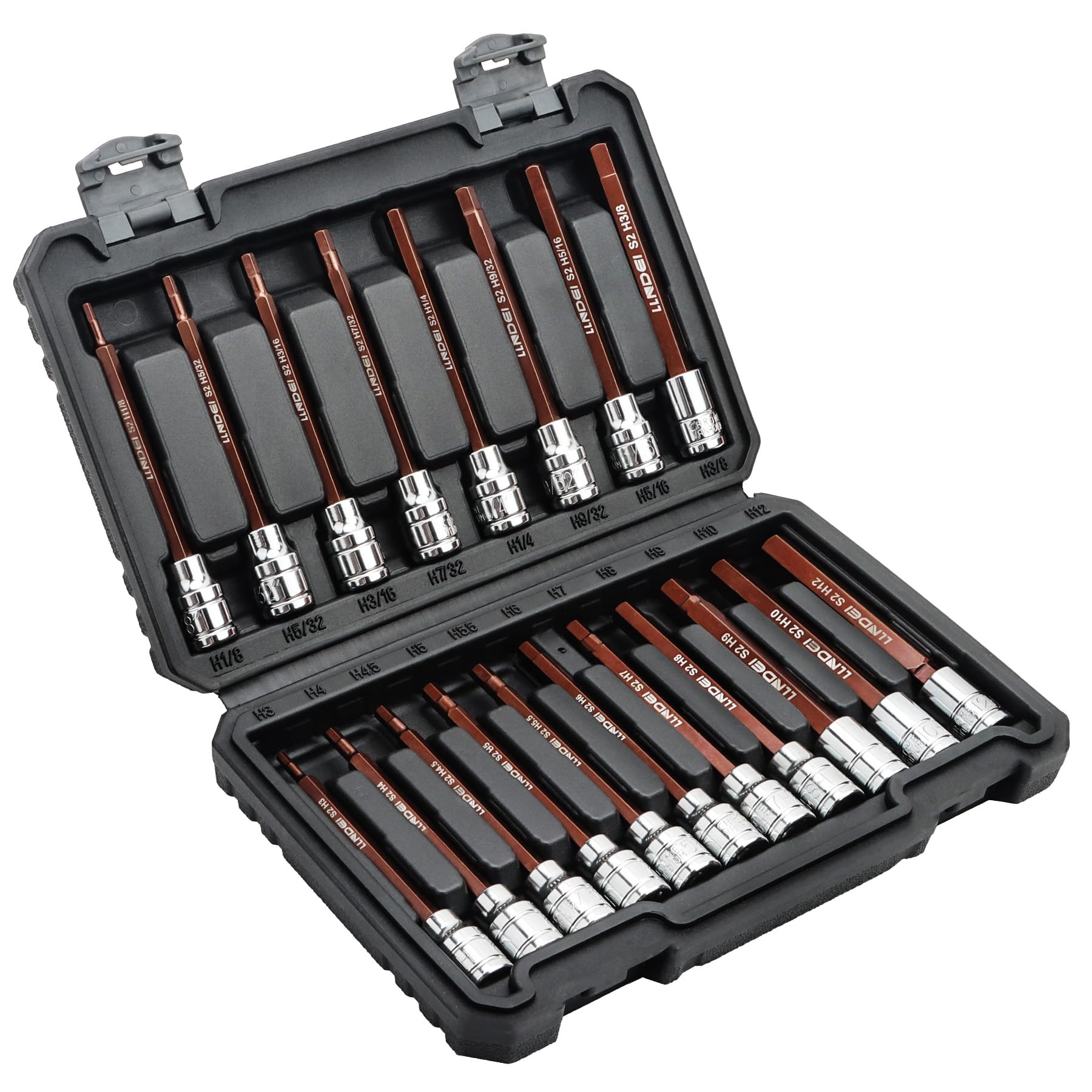 LLNDEI 3/8-Inch Drive Extra Long Allen Hex Bit Socket Set 19PCS- Standard SAE & Metric (1/8"-3/8", 3-12mm), CR-V&S2 Alloy Steel, Durable Tool Accessories Kit for Mechanics