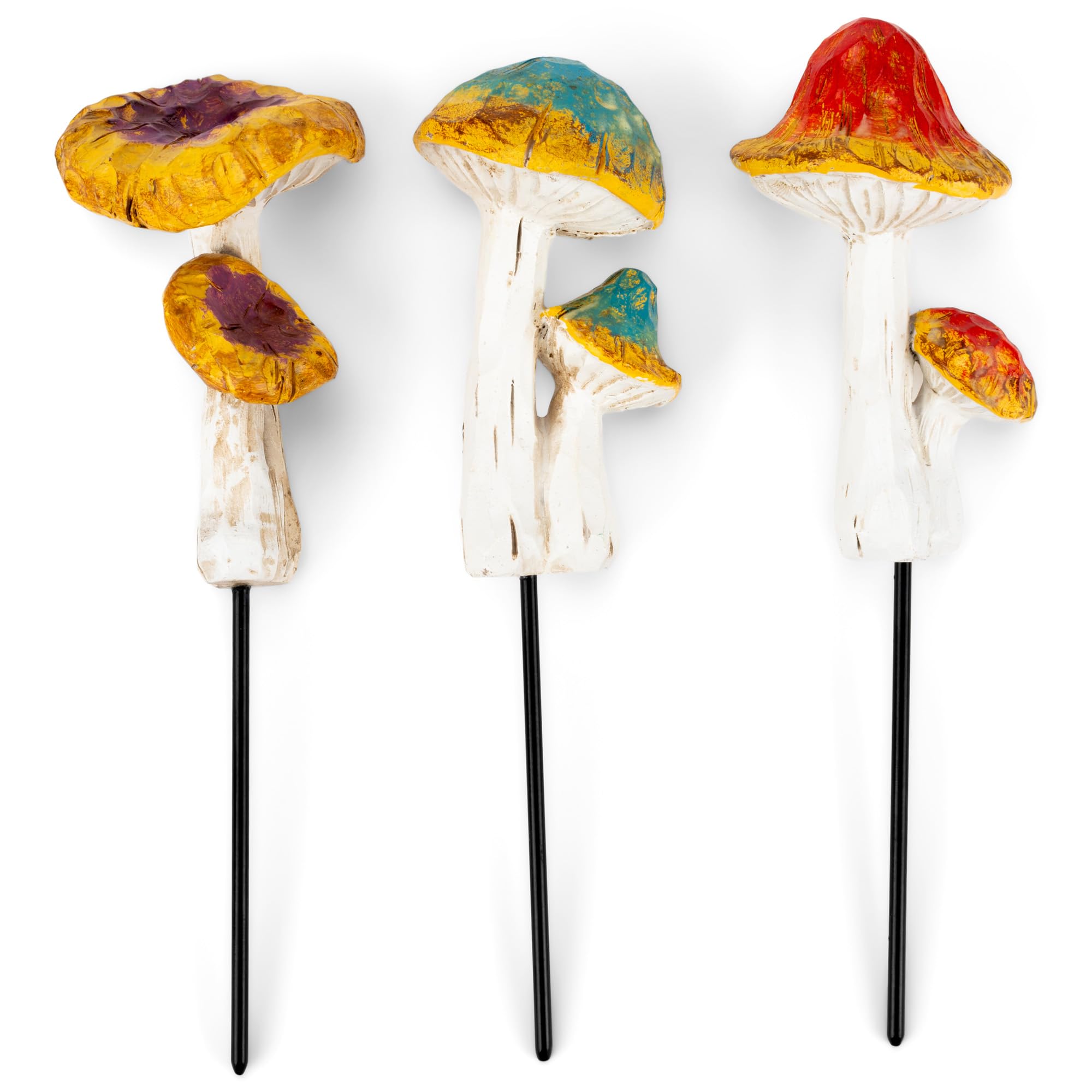 Transpac TS00380 Weathered Mushrooms Blue Purple Red with White Stem 7.75 x 2 Resin Outdoor Garden Pick Stake Set of 3