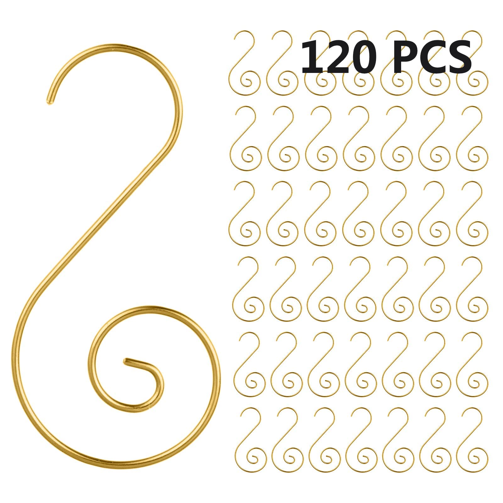 MEETCUTE 120 PCS Christmas Ornament Hooks - 2" Long Christmas Tree Decorating Metal Wire S-Shape Spiral Christmas Holiday Ornament Hanger Hooks for Hanging Decorations (120pcs Gold)