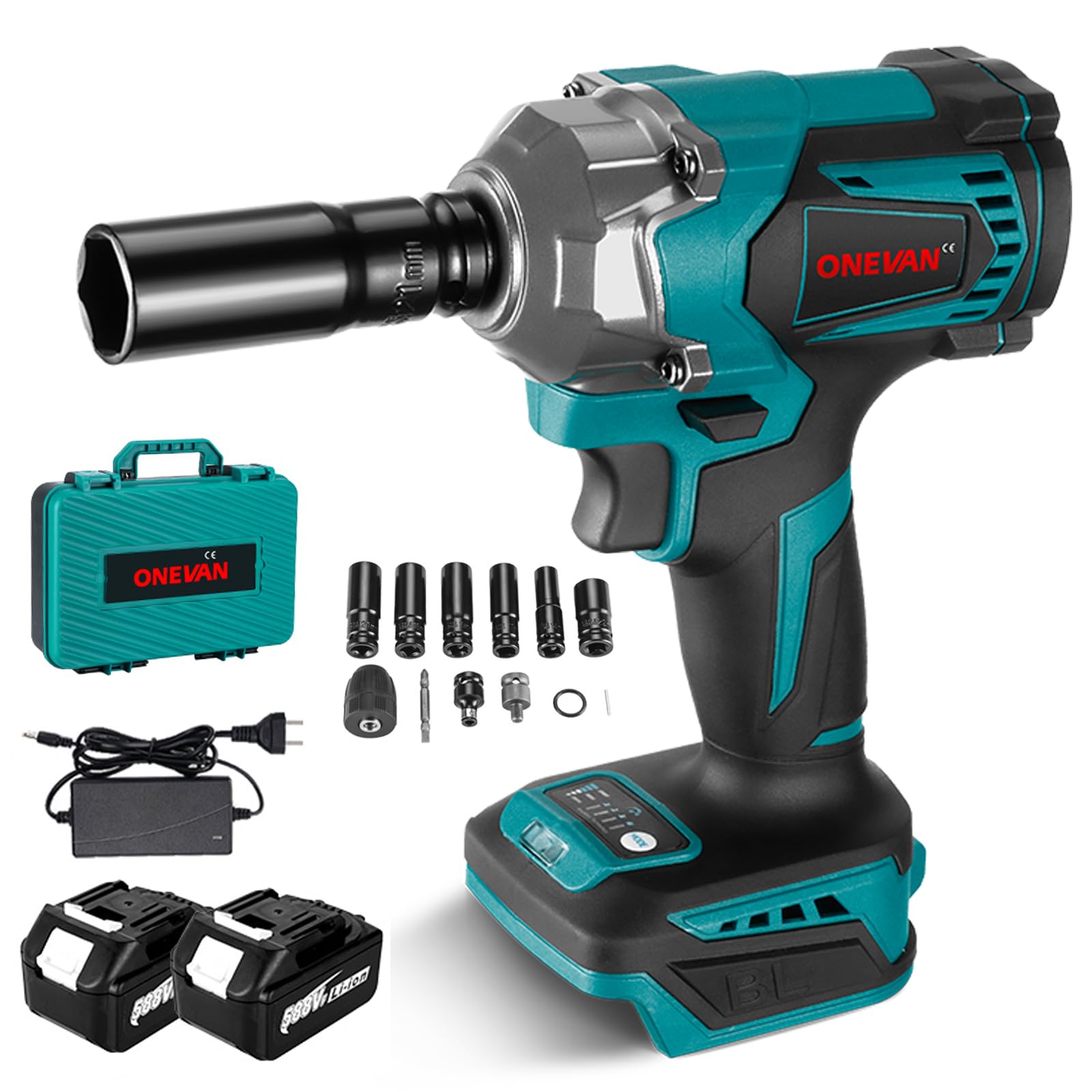 ONEVANCordless Impact Wrench, Brushless Electric Impact Wrench, 700NM 4-Speed ​​Rotary Impact Wrench for Car Tire Changing (Incl. 2 Batteries & Charger)