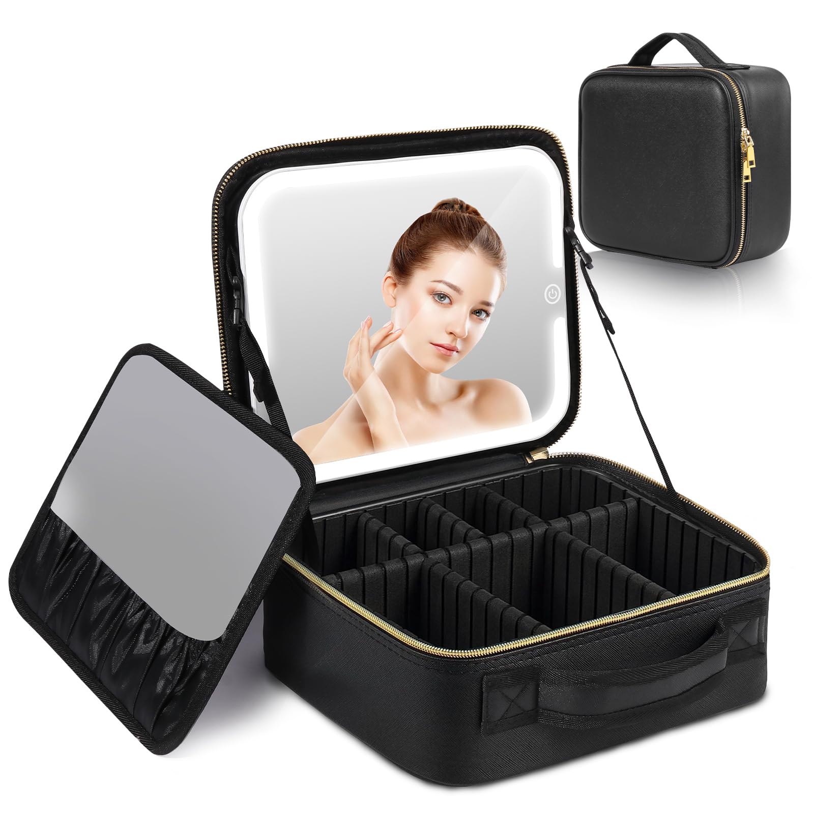 LIONVISON Makeup Bag, Large Capacity Layered Travel Cosmetic Case, Portable Beauty Tools Storage Make Up Bag, Black With Mirror