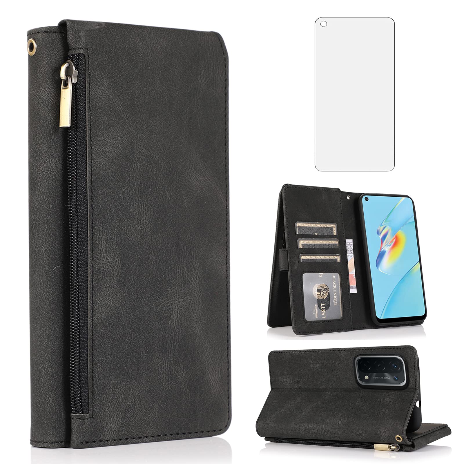 Asuwish Compatible with OPPO A74 5G/A54 5G Wallet Case Tempered Glass Screen Protector and Zipper Retro Leather Flip Cover Card Holder Stand Cell Accessories for OPPO A93 5G/A93S 5G Women Men Black