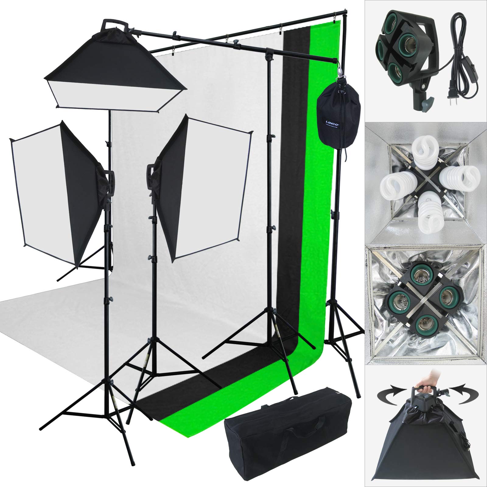 Linco Lincostore 2000 Watt Photo Studio Lighting Kit With 3 Color Muslin Backdrop Stand Photography Flora X Fluorescent 4-Socket Light Bank and Auto Pop-Up Softbox -- Only takes 3 seconds to Set-up