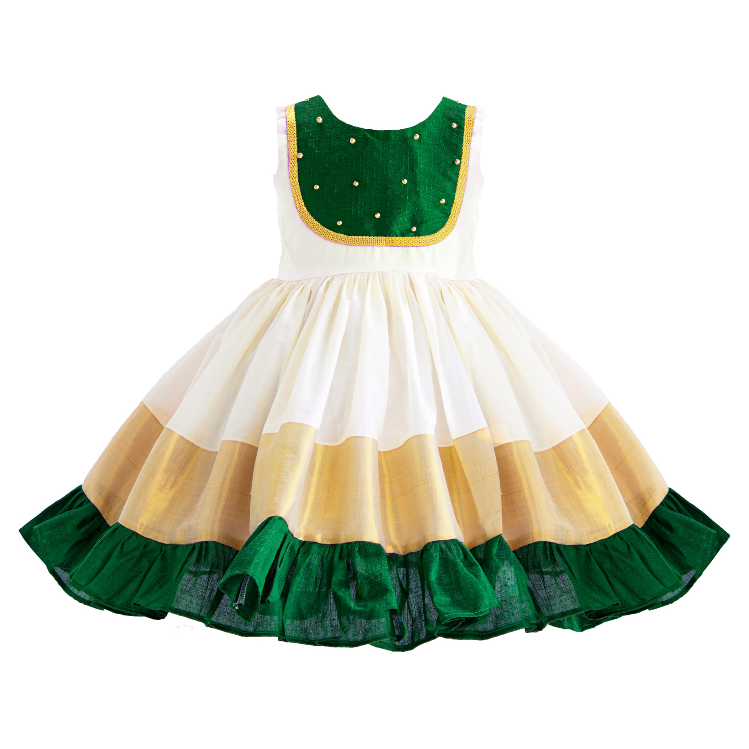 Stanwells KidsDress for Girls Embroidery Knee Length Traditional Applique Kerala Ethnic Frock for Baby Girls Zipper Beautiful Sleeveless Birthday Western Stylish Dress for Girls