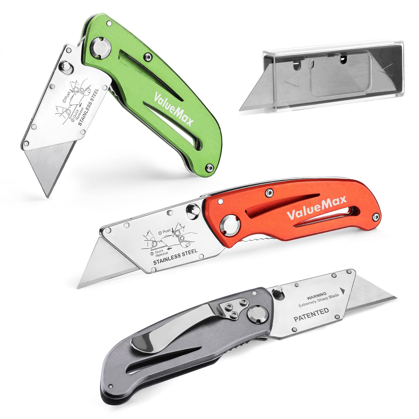 ValueMaxFolding Utility Knife Set, All Metal Liner Lock Box Cutter, Quick Change Blade Razor Knife, with 10 Extra SK5 Blades, Set of 3 (Green, Orange, Gray)