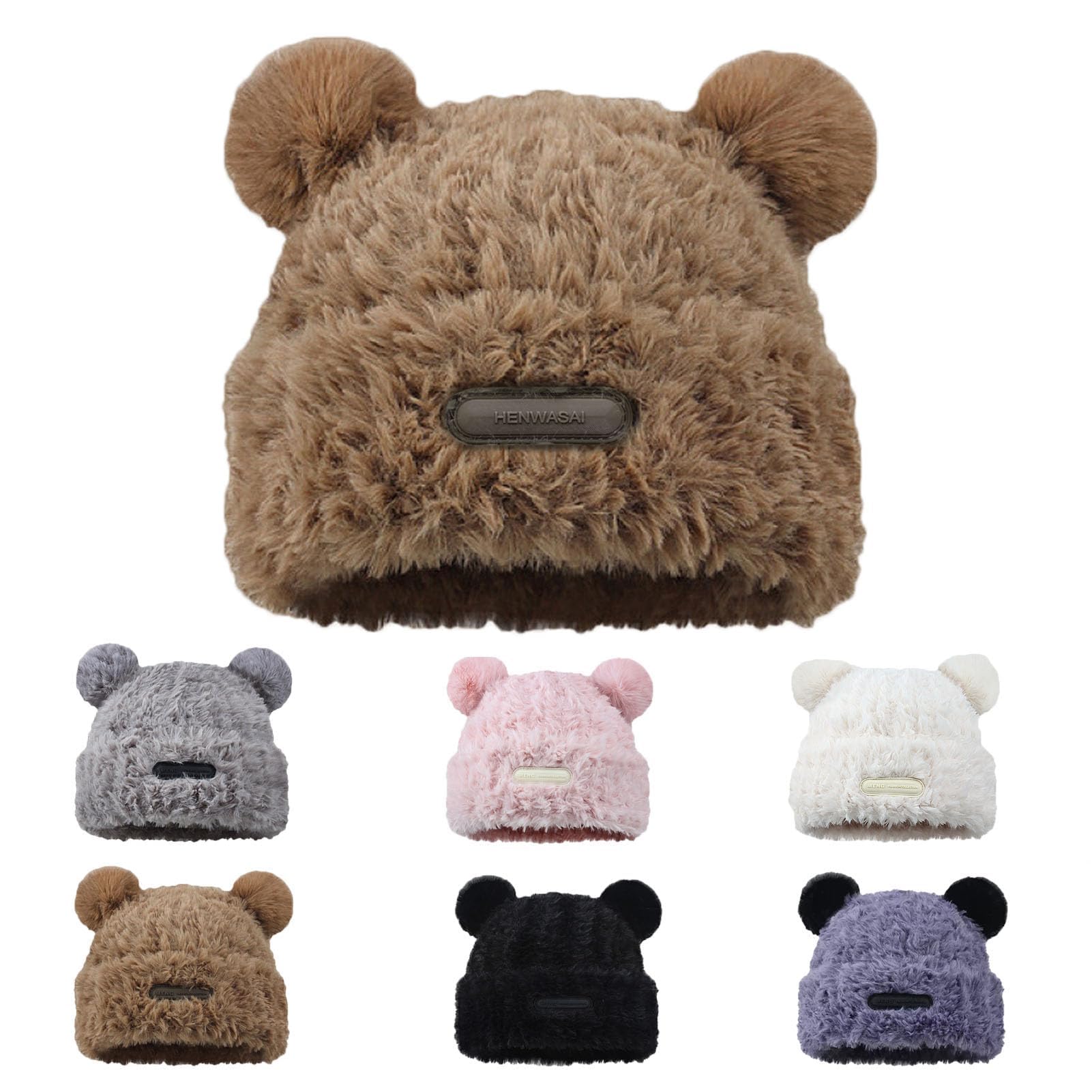 KASTWAVE Cute Fuzzy Bear Ear Beanie Hat for Women Skin-Friendly Plush Warm Woolen Hat Winter Faux Fur Animal Knitted Hat Cap