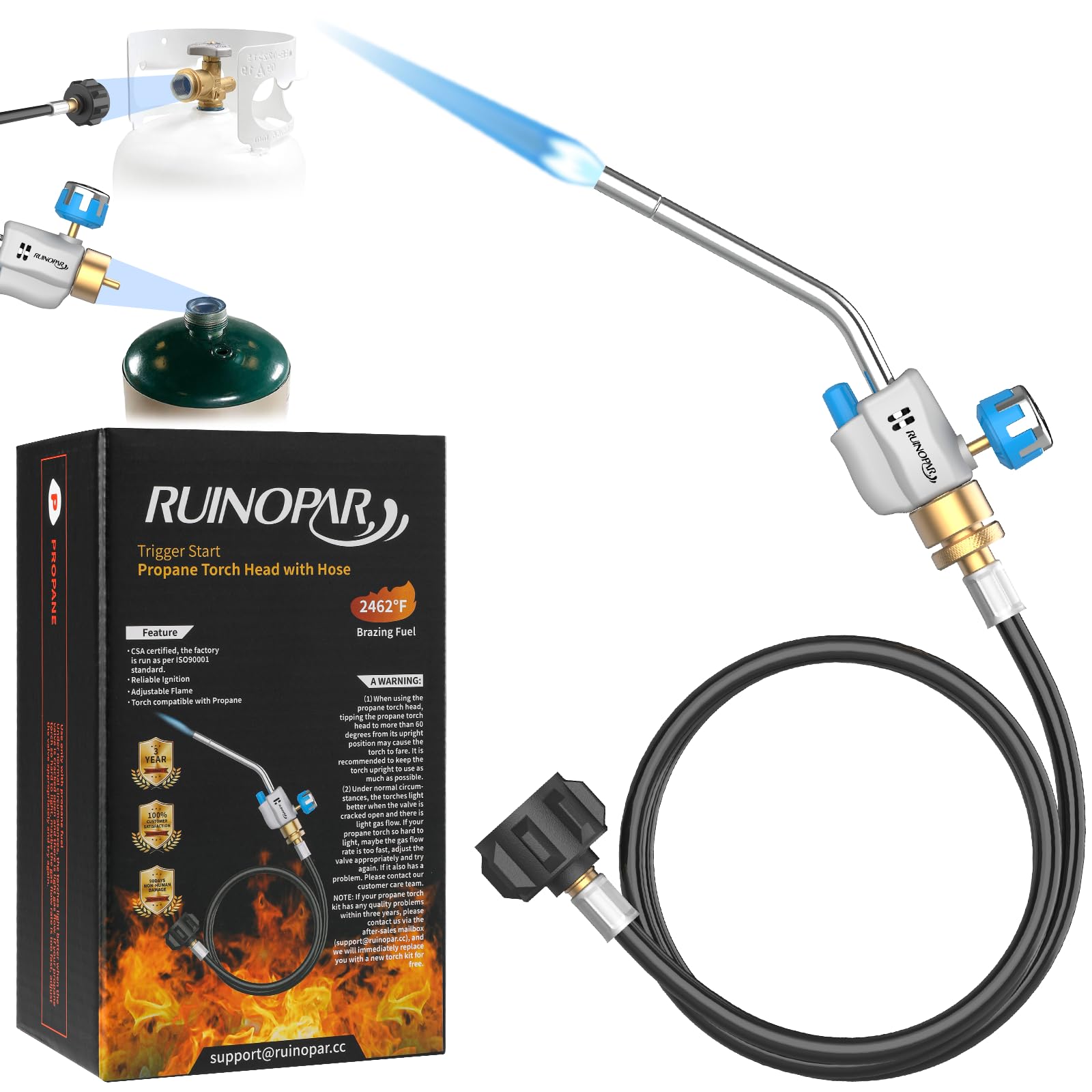 RUINOPAR Propane Torch Head with Igniter, Trigger Start Propane Gas Torch Kit with 5FT Hose, Adjustable Flame Blow Torch Head with Extend 1.5" Burning Tube for Soldering, Brazing, Welding, Searing