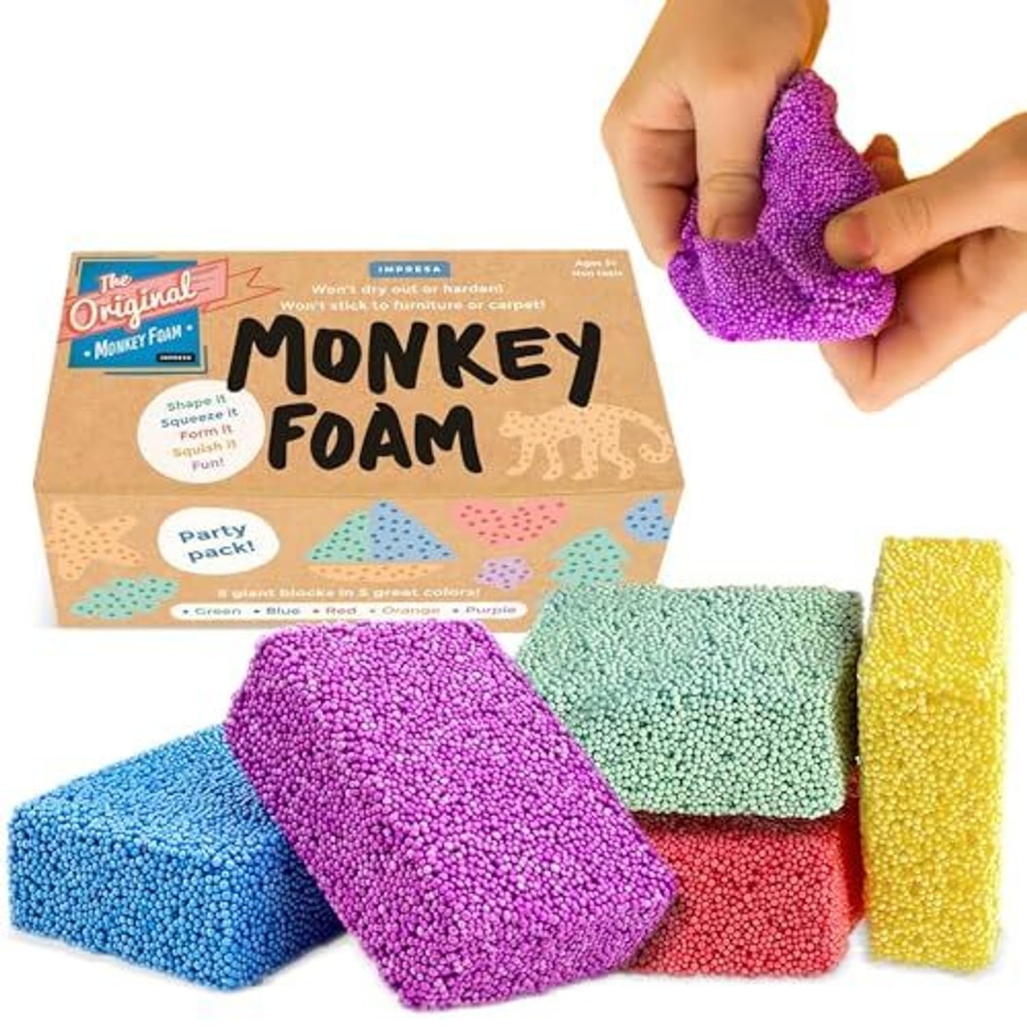 IMPRESA Monkey Foam from The Original Monkey Noodle 5 Giant Blocks, Squishy Sensory Toys for Kids with Unique Needs Fosters Creativity, Fun Play Foam, Great for Classrooms, Home, & Playtime Ages 3+