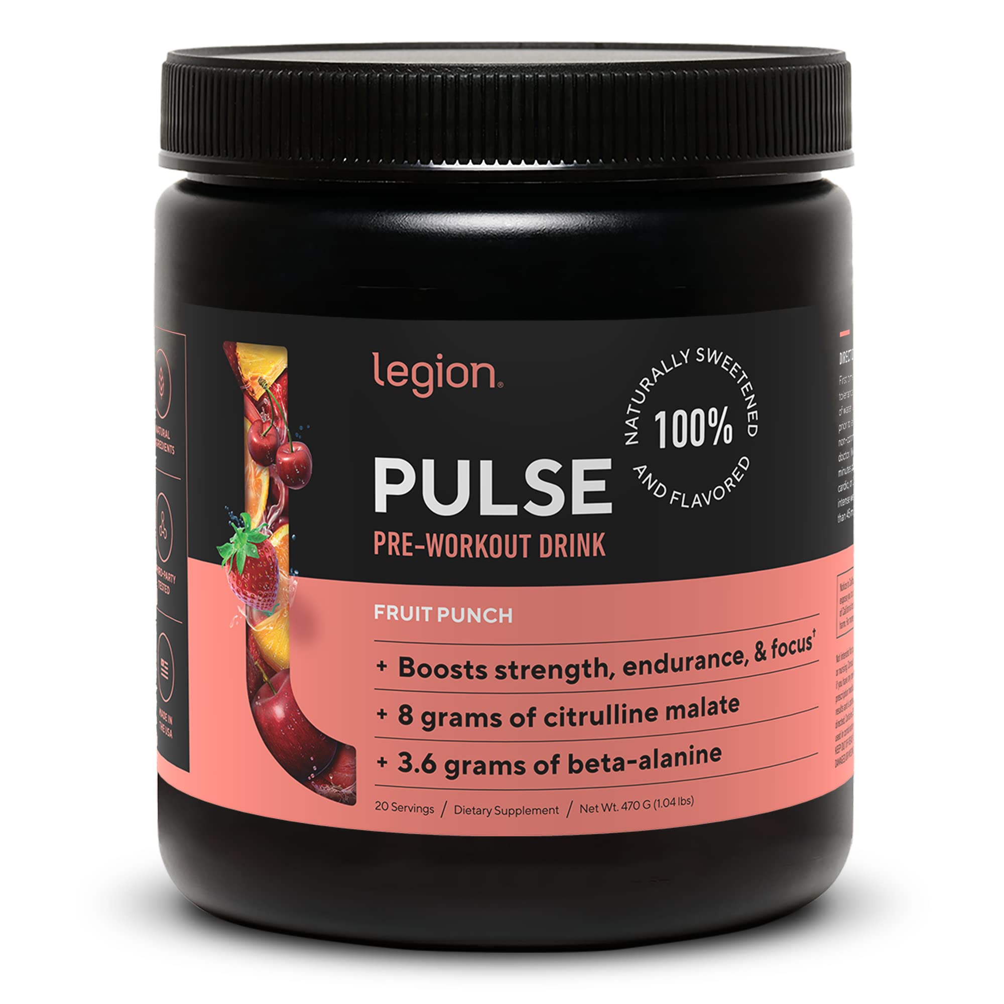 LEGION Pulse Pre Workout Supplement - All Natural Nitric Oxide Preworkout Drink to Boost Energy, Creatine Free, Naturally Sweetened, Beta Alanine, Citrulline, Alpha GPC (Fruit Punch)