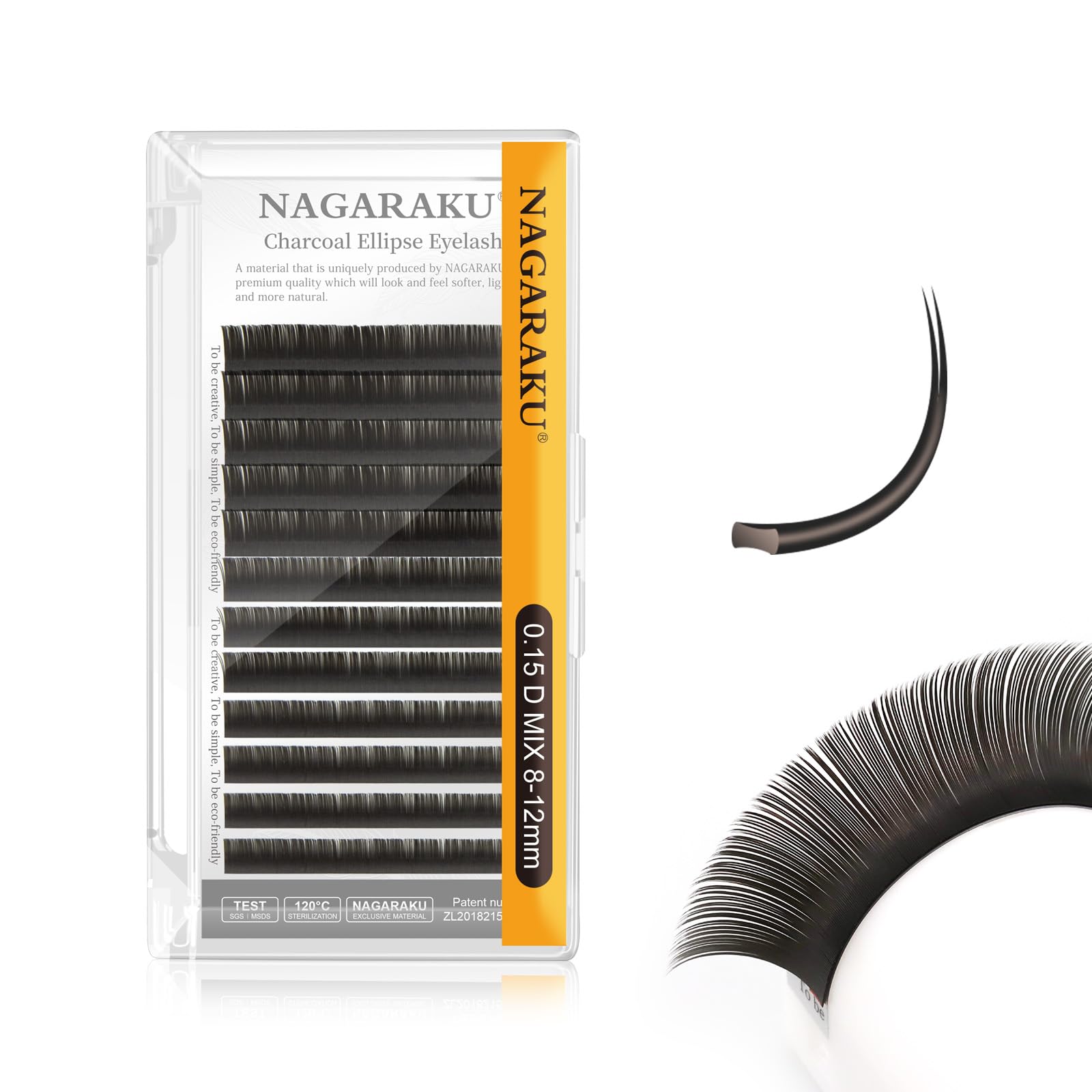 NAGARAKU Ellipse Flat Eyelash Extension Professional Double Split Tip Individual False Lashes Supplies Eye Lashes Semi-Permanent U-shaped Design Charcoal More Softer 12 Rows（0.15mm D Curl 8-12mm）