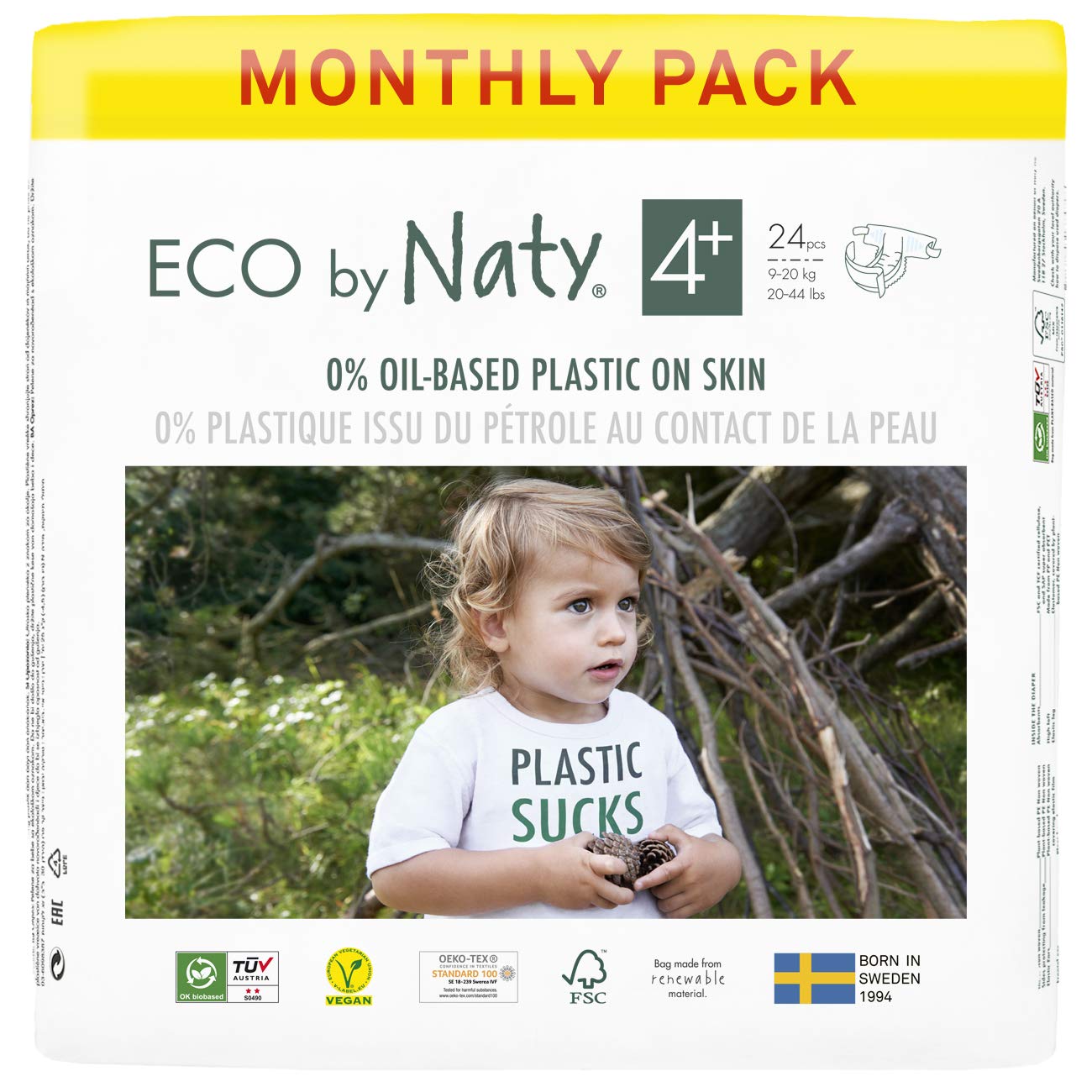 Eco by NatySize 4+, 144 Nappies, 9-20kg, ONE MONTH supply, Plant-Based premium ecological nappy with 0% oil plastic on skin