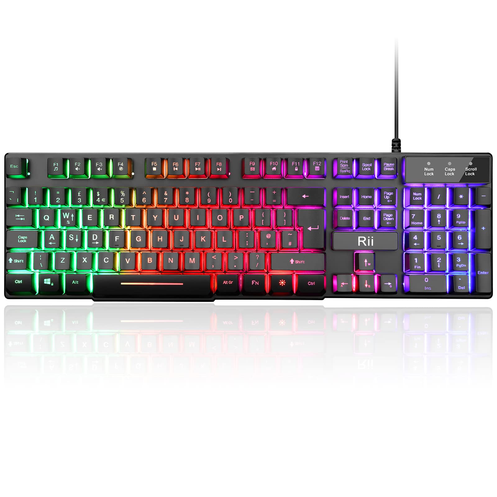 Rii Gaming Keyboard, RK100 Plus Rainbow LED Backlit Keyboard Mechanical Feeling,USB Wired Keyboard for Working Gaming (UK Layout)