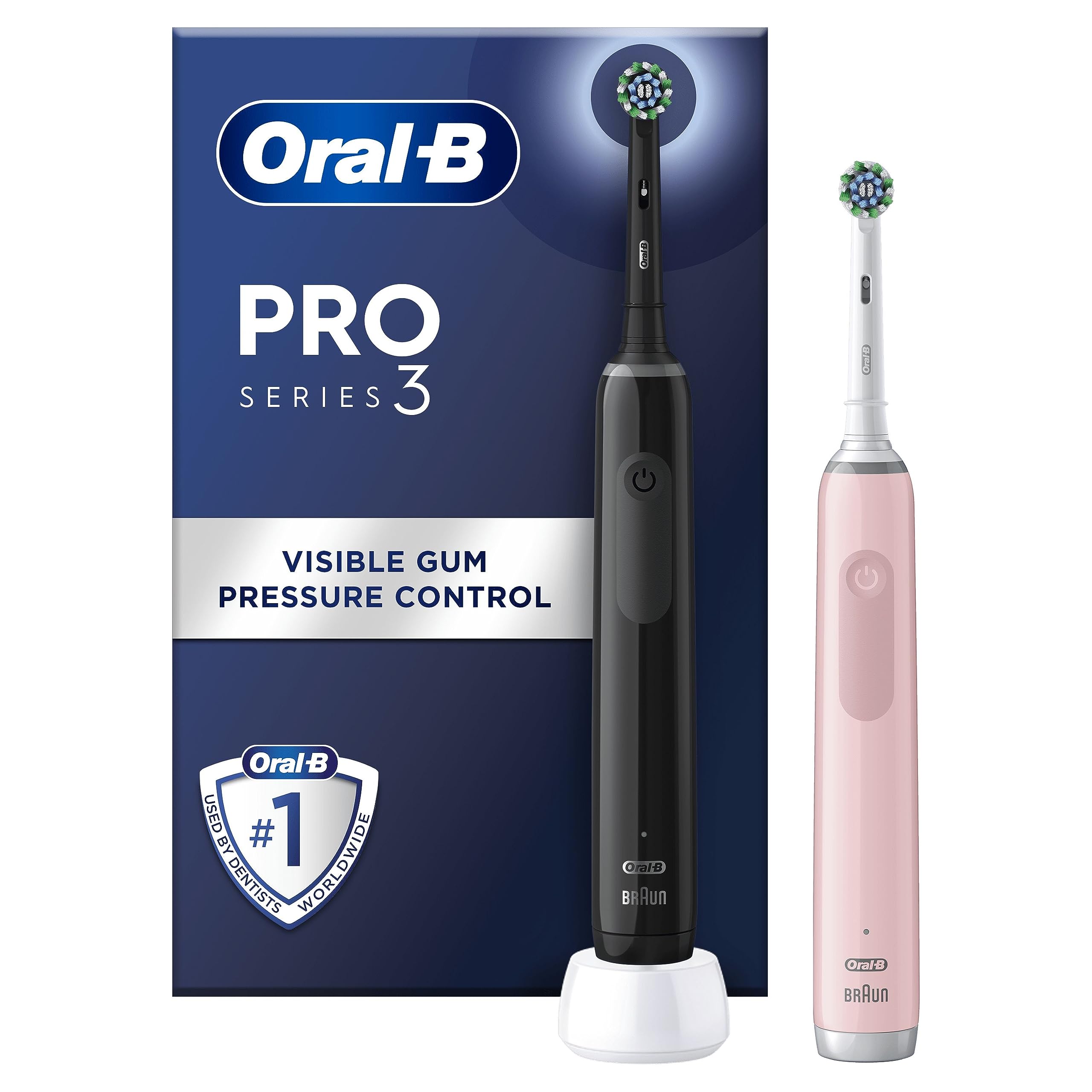 Oral-B Pro 3 2x Electric Toothbrushes For Adults, Gifts For Women / Men, 2 Handles & 2 Cross Action Toothbrush Heads, 3 Modes, Teeth Whitening, 2 Pin Plug, 3900, Black & Pink