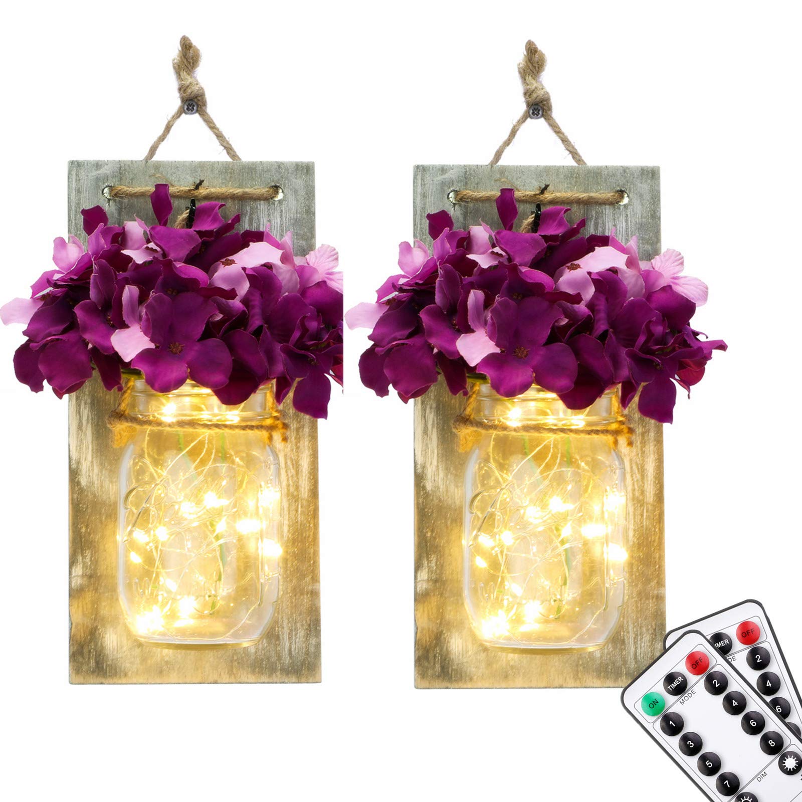 Mason Jar Wall Lights with Remote Control and Purple Flower, LIGHTESS Rustic Bedroom Wall Decor, Hanging Battery Powered Jar Sconces with LED Fairy Lights for Farmhouse Decor, SYA11, Set of 2