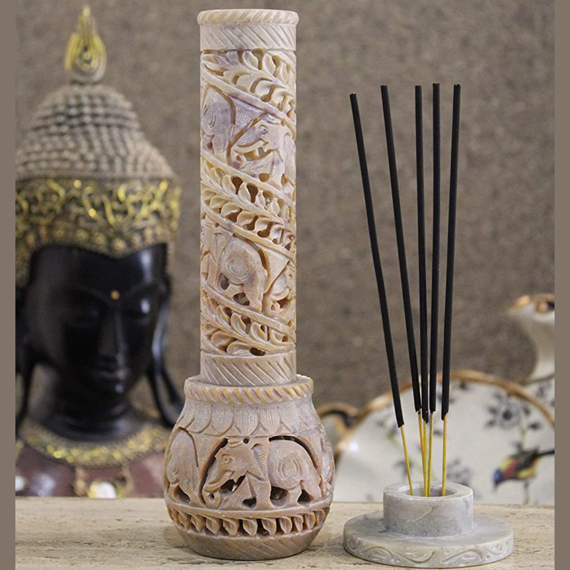 Hand Carved Soapstone Incense Stick Holder | Candle Burner | Tea Light Stand. Elephant Jaali Carving Bottle Shape. Decorative Home and Kitchen Decor - (3x3x10.5 Inches)